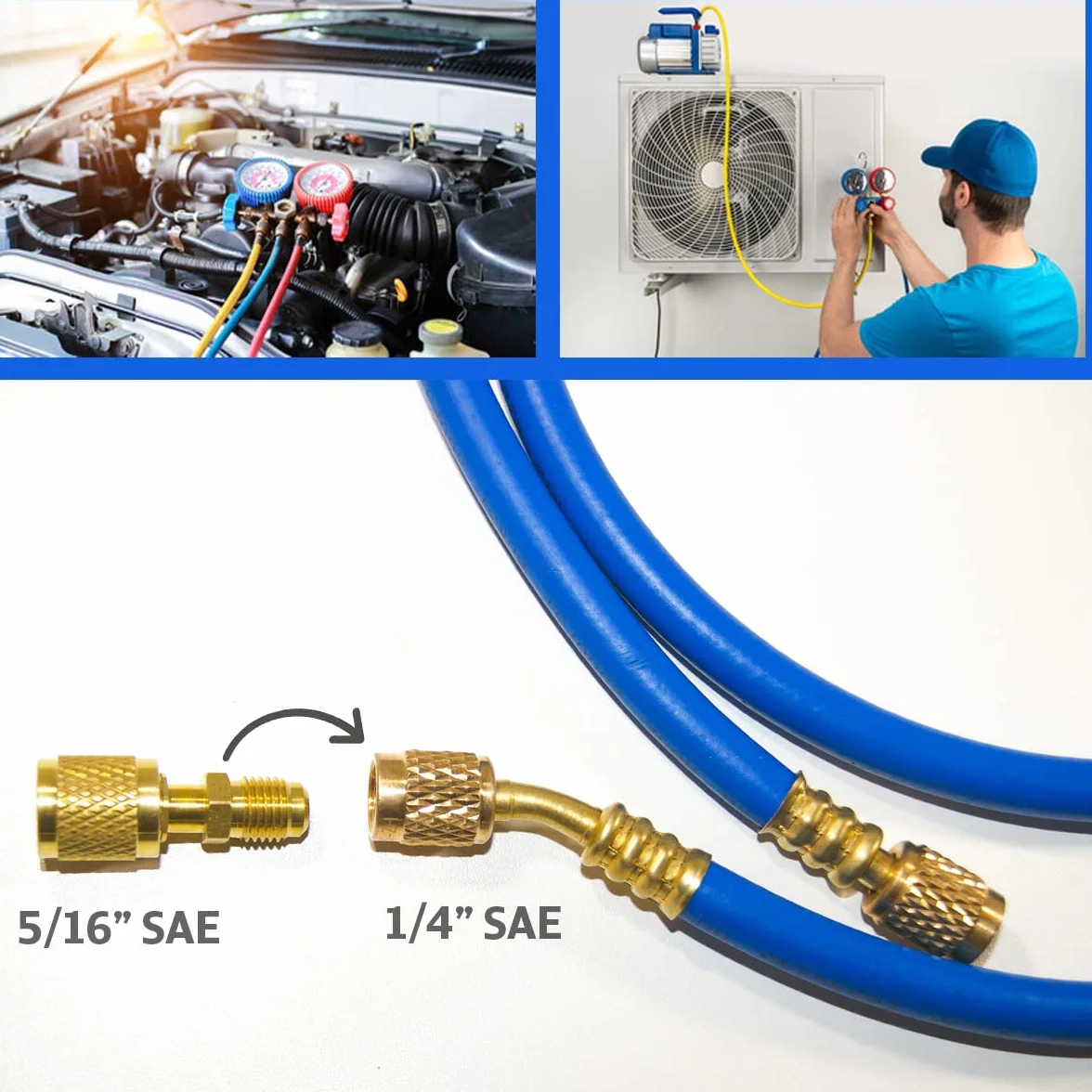 GOLDMAN SERVICE | Zestaw 3 węży do ładowania czynnika chłodniczego AC + adapter. Kompatybilny z systemami Universal Car lub Split Air Conditioning. Długość 150cm, 60 cale