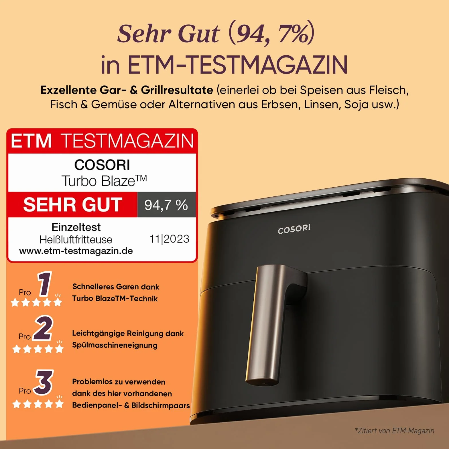 COSORI Frytkownica beztłuszczowa 9-w-1, Air Fryer XXL 6 l. Cichy silnik DC (5 prędkości), grill, pieczenie, fermentacja, suszenie, rozmrażanie, 87 przepisów, do 64% oszczędności energii