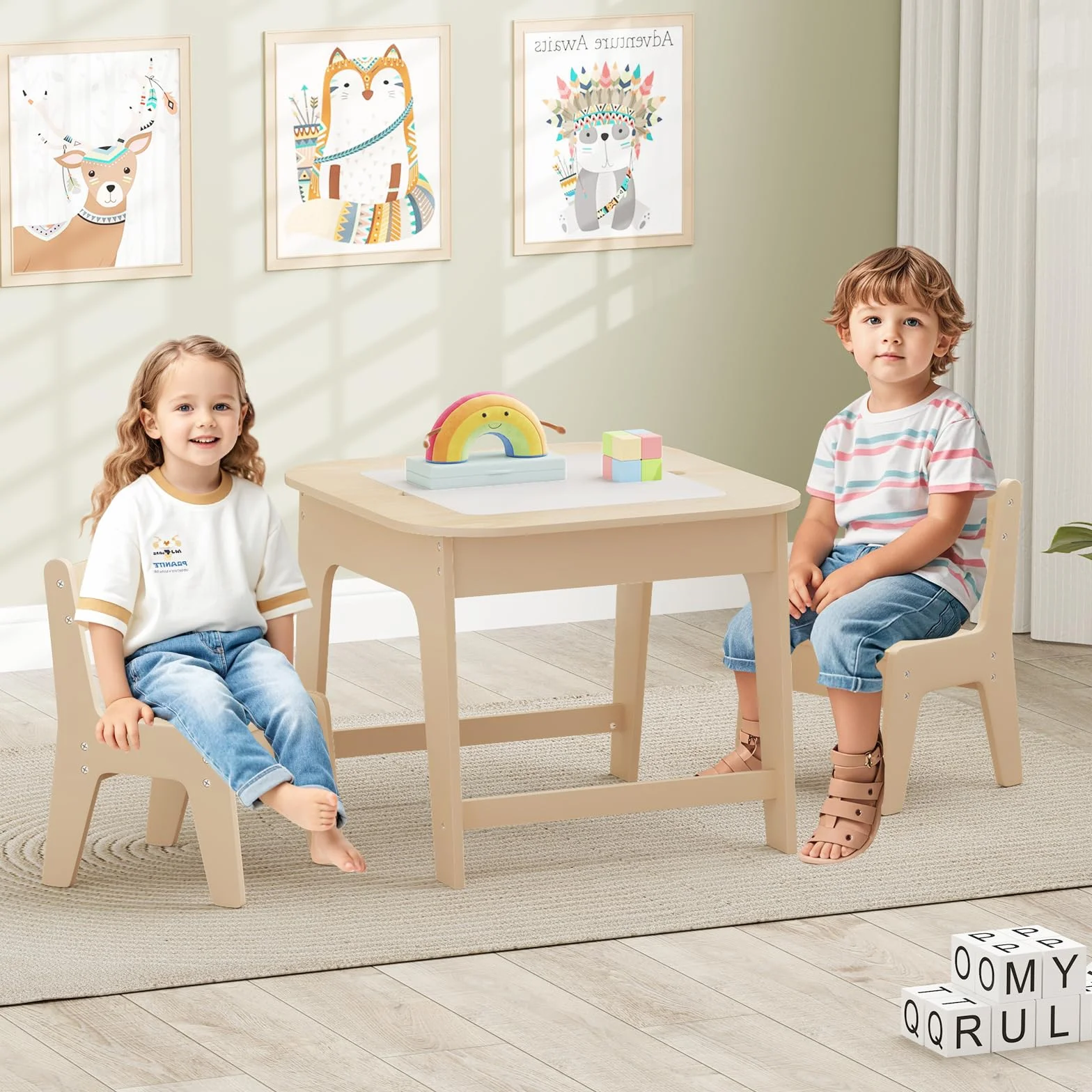 COSTWAY Stolik dziecięcy z 2 krzesłami, 3 TLG zestaw do siedzenia dla dzieci, drewniany z dwustronnym blatem, stół kreślarski 3 w 1, stół do majsterkowania i stół do ćwiczeń z miejscem do