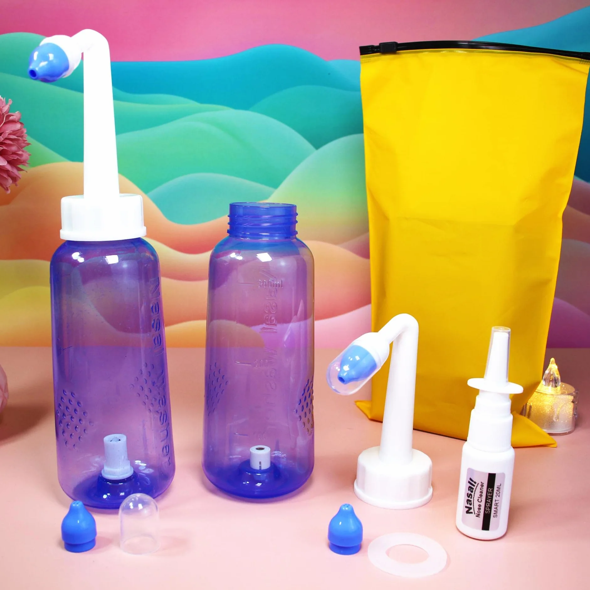 Neti Pot-2 botellas+4 boquillas+spray nasal (solo botella) -300 ml Neti Pot Sinus Rinse Kit de enjuague para senos nasales -Limpiador de nariz y riego sinusal -Pulverizador nasal bloqueado de nariz