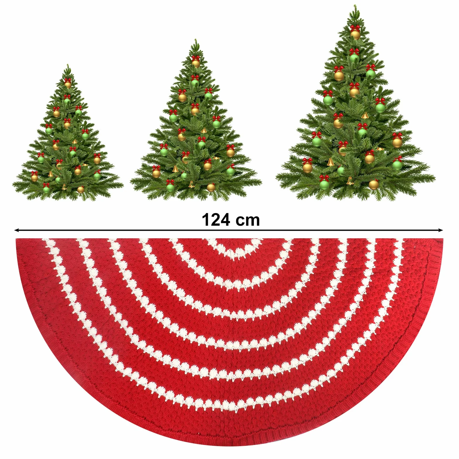 Dziergana spódnica pod choinkę, czerwona dziergana okrągła podkładka pod choinkę 122 cm, do domu, na święta Bożego Narodzenia, ozdoba choinkowa (paski)