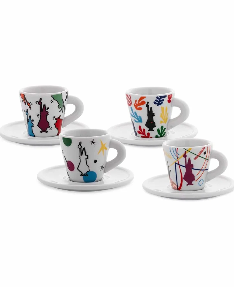 Bialetti 4-częściowy zestaw filiżanek do espresso ze spodkami z białej porcelany, stożkowaty, pojemność 60 ml, dekoracja artystyczna firmy Mirò, Kandisky, Haring, Matisse