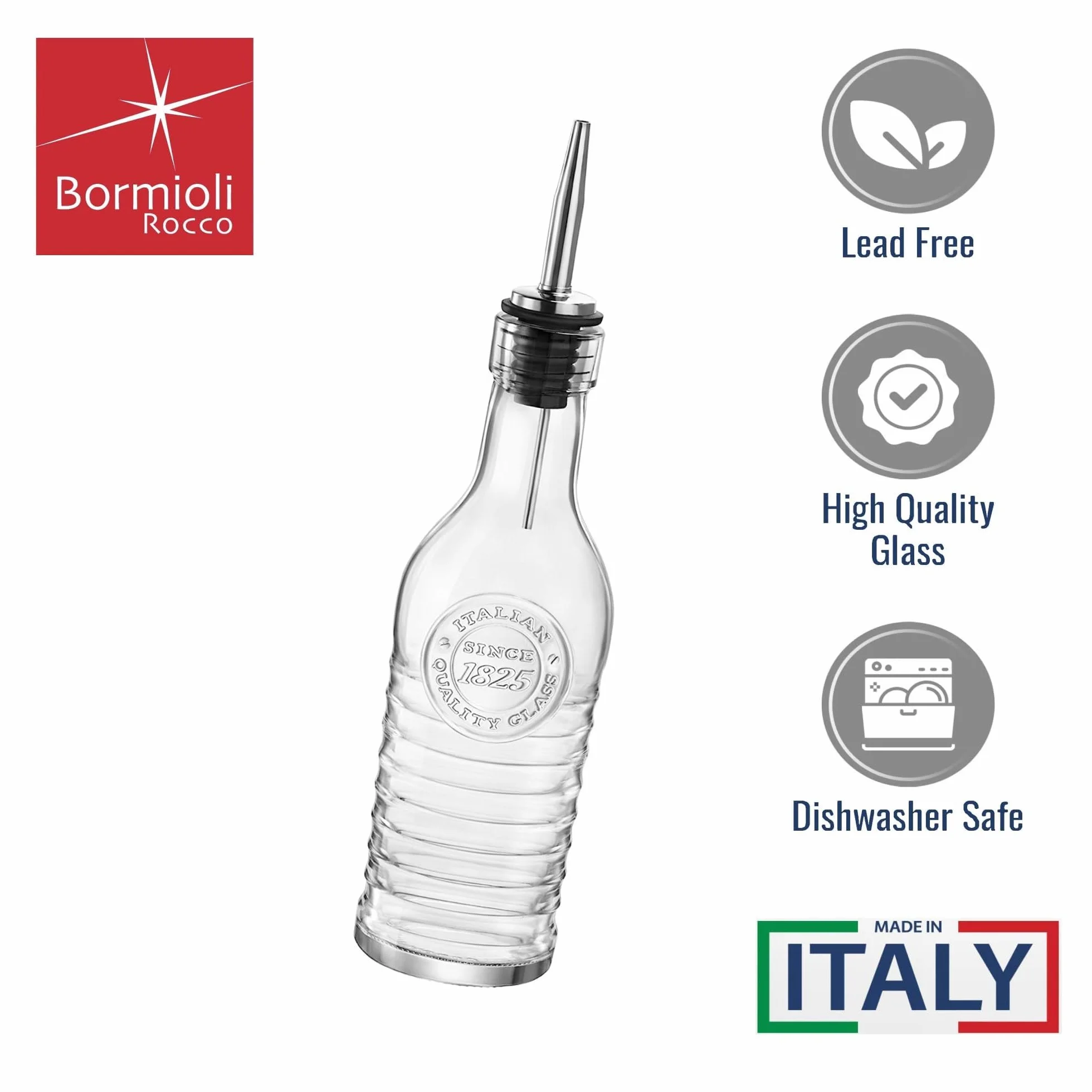 BORMIOLI ROCCO Szklane butelki Officina 1825 - na oliwę z oliwek/ocet - wylewka ze stali nierdzewnej - 268 ml - Zestaw 2 szt