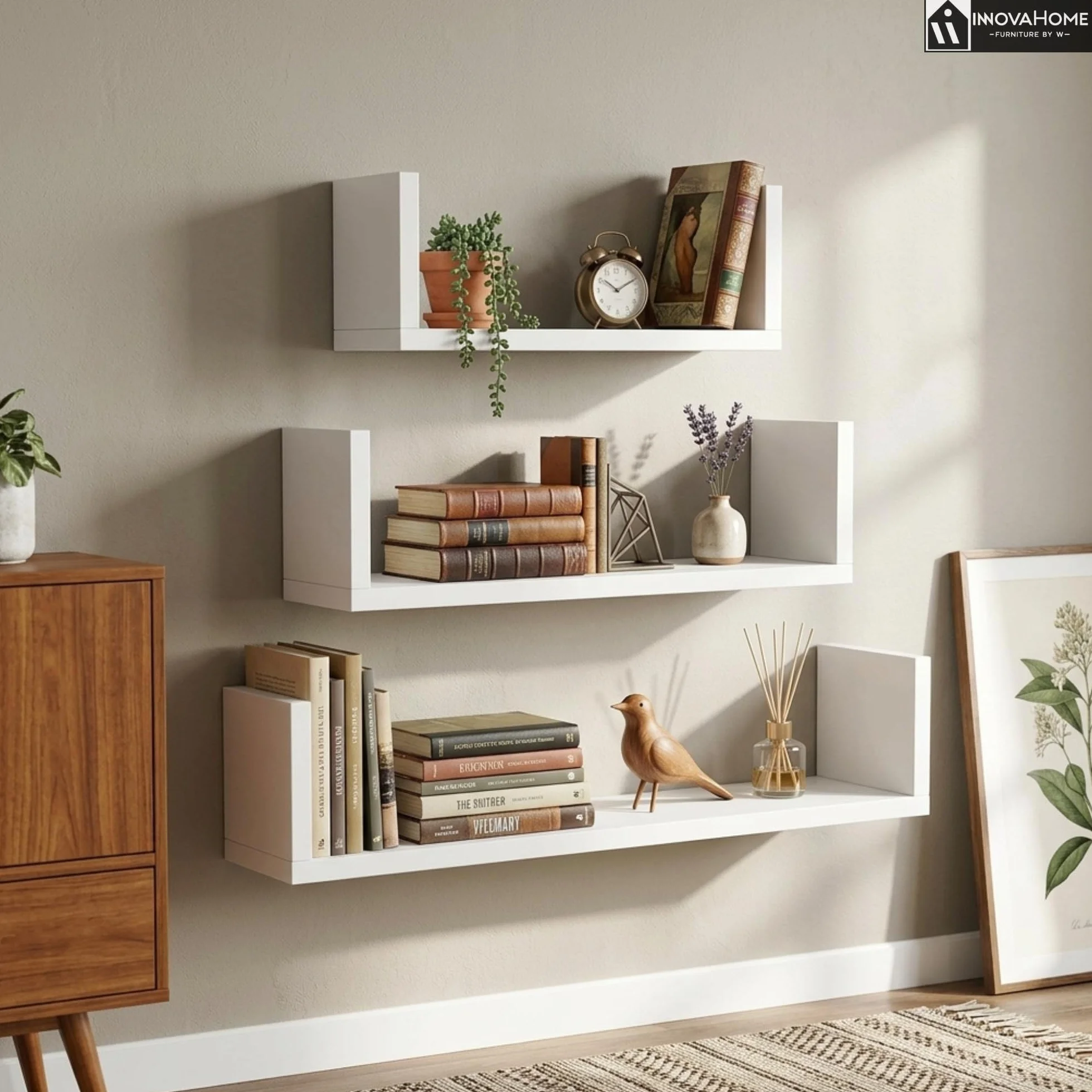 INNOVAHOME Regał ścienny, biały, zestaw 3 sztuk (80/60/40 cm) – regał wiszący w kształcie litery U, płyta 18 mm, niewidoczny montaż, półka ścienna i regał na książki do salonu