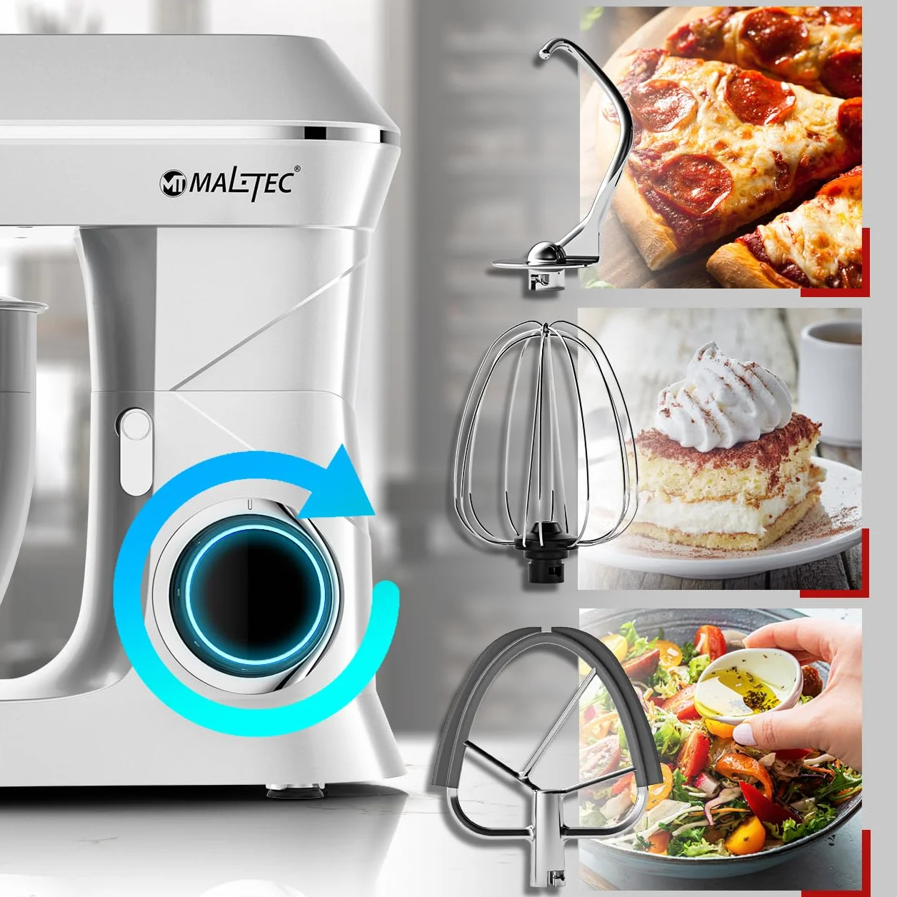 MalTec Planet robot kuchenny | MaltecChef 2200 W maszyna do ugniatania | mieszadło, hak do zagniatania, trzepaczka, ochrona przed pryskaniem | 6 prędkości i 4 funkcje | robot kuchenny SILVER 6 l