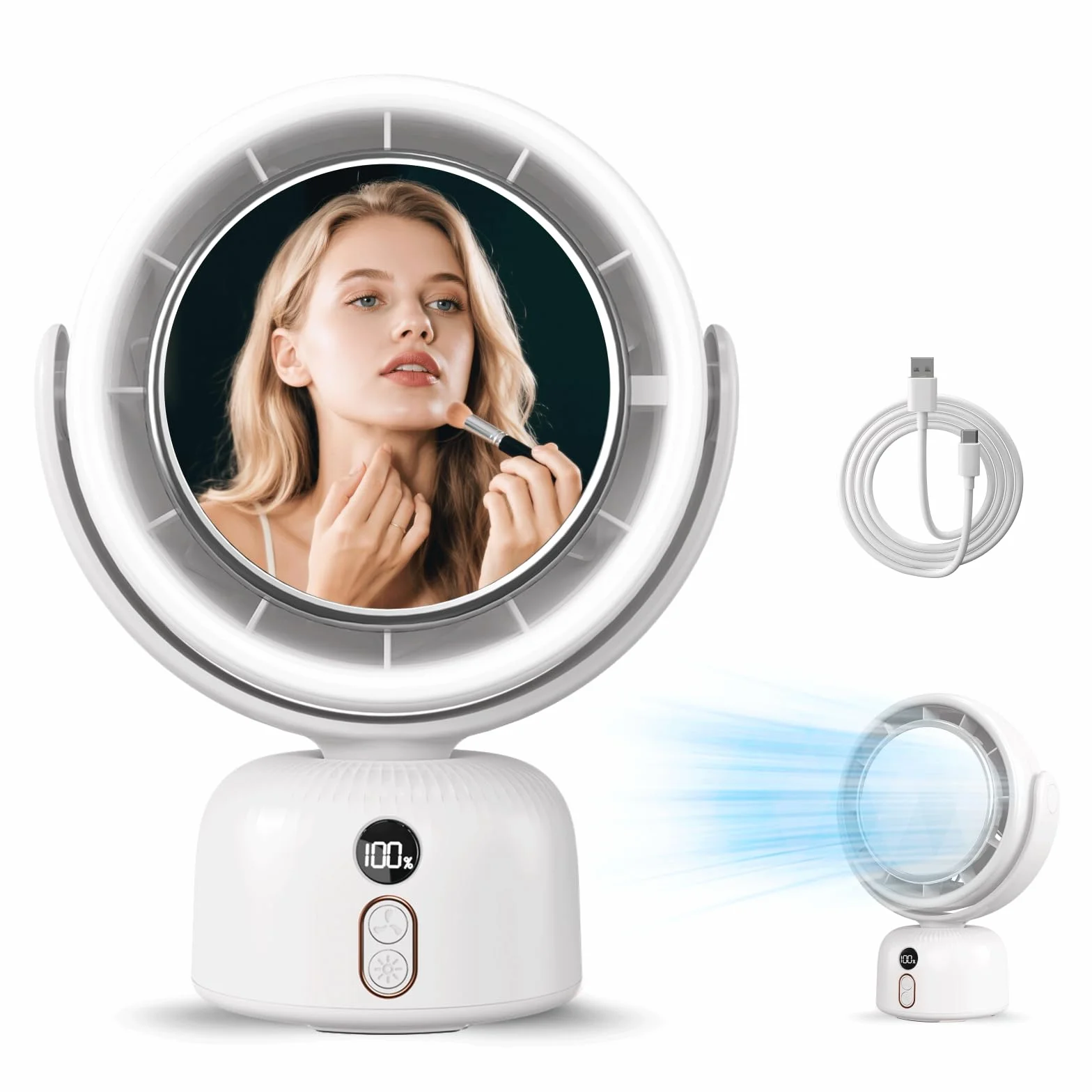 MERTTURM 2 in 1 Oscylujący Wentylator Biurkowy z Lustrem LED do Makijażu, 6000mAh Ładowany Wentylator Scienny, 5 Prędkości, Cichy Wentylator dla Łazienki, Sypialni, Biura, Kampera-Biał