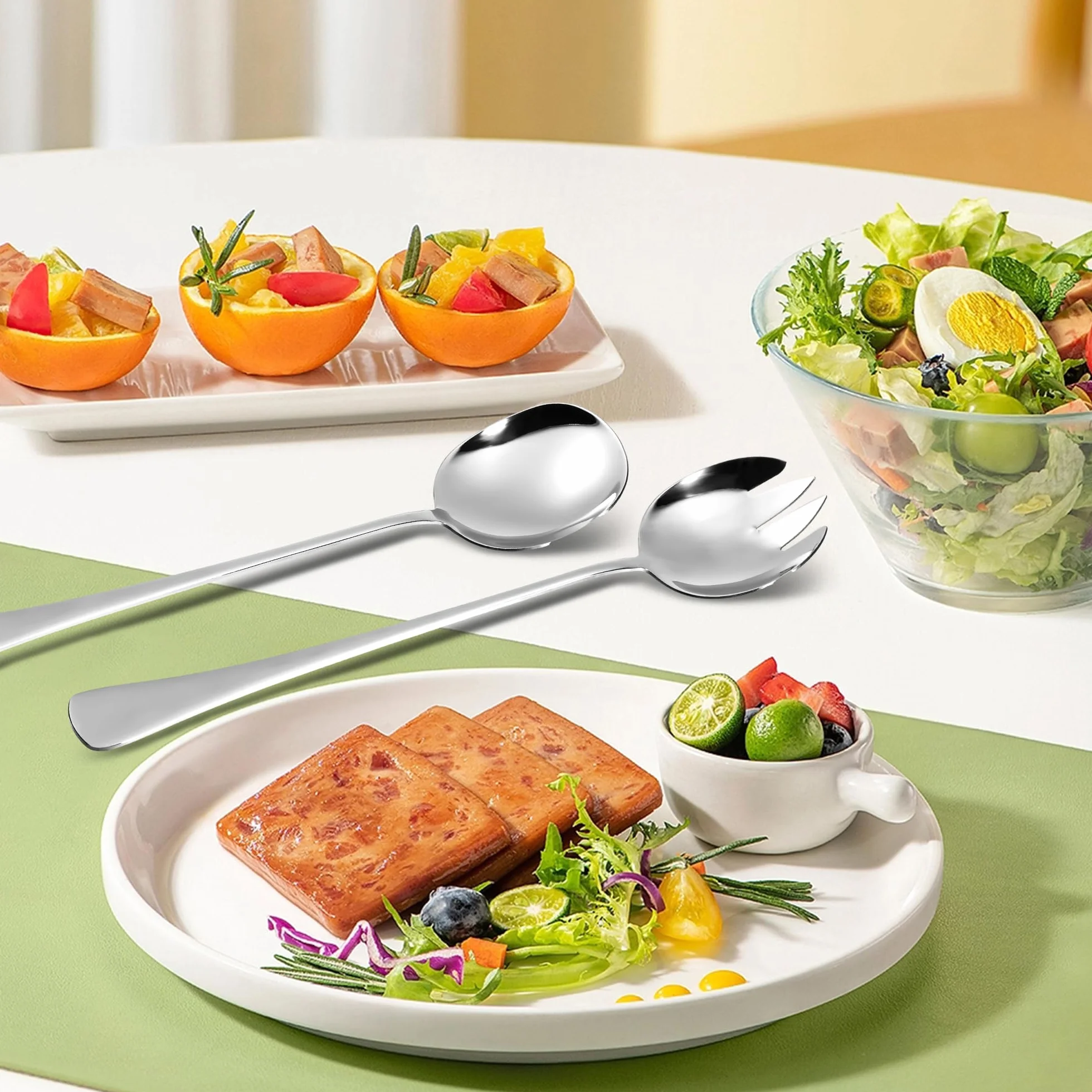 Zestaw sztućców do sałatek ze stali nierdzewnej 28 cm, 2 sztuki, duże łyżki do serwowania, widelczyki do sałatek, łyżki do sałatek, łyżki ze stali nierdzewnej z długimi uchwytami, sztućce