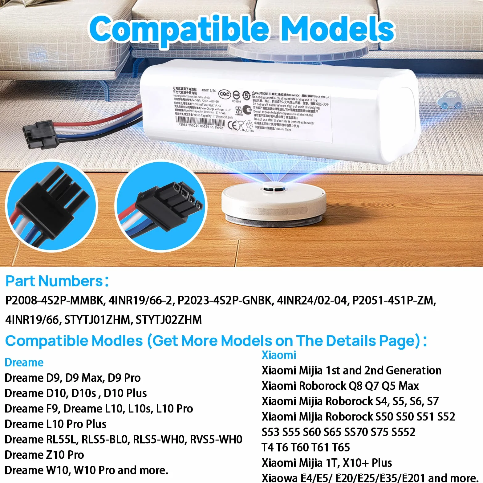 Akumulator 6800 mAh kompatybilny z Dreame D9 D9 Pro D9 Max, D10 D10S D10 Plus, L10 L10S L10 Pro L10 Plus, F9, Z10 Z10 Pro, Xiaomi Roborock S5 S6 S7, Mijia 1T, X10 robot odkurzający P2000 8-4S2 P-MMBK