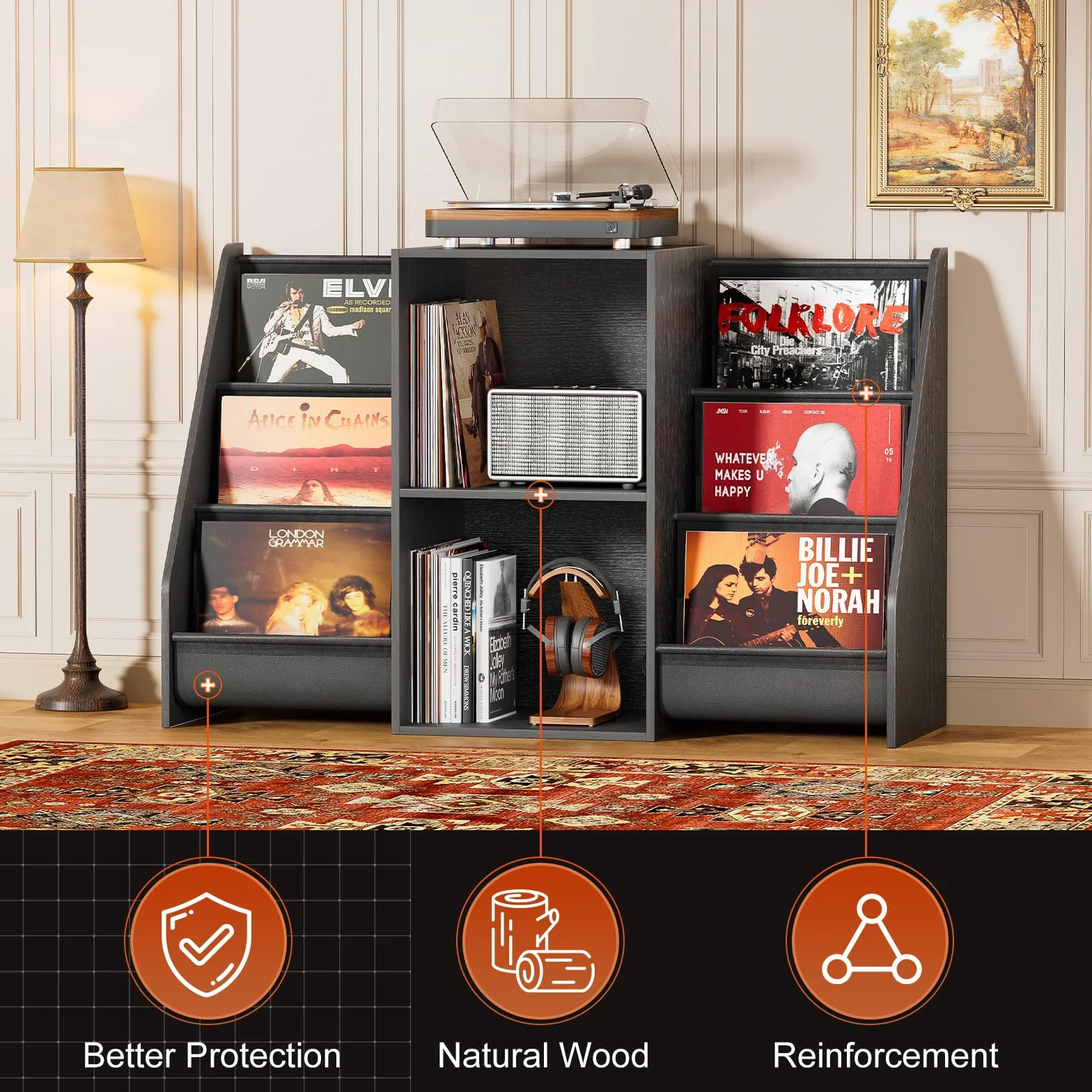 Bikoney Stojak na Gramofon z Półką na Winyle – Szafka Pod Gramofon z Miejscem na 300 Płyt, Konsola Multimedialna z Półką na CD do Winyli, Stereo i Gramofonów (Vintage Czarny)