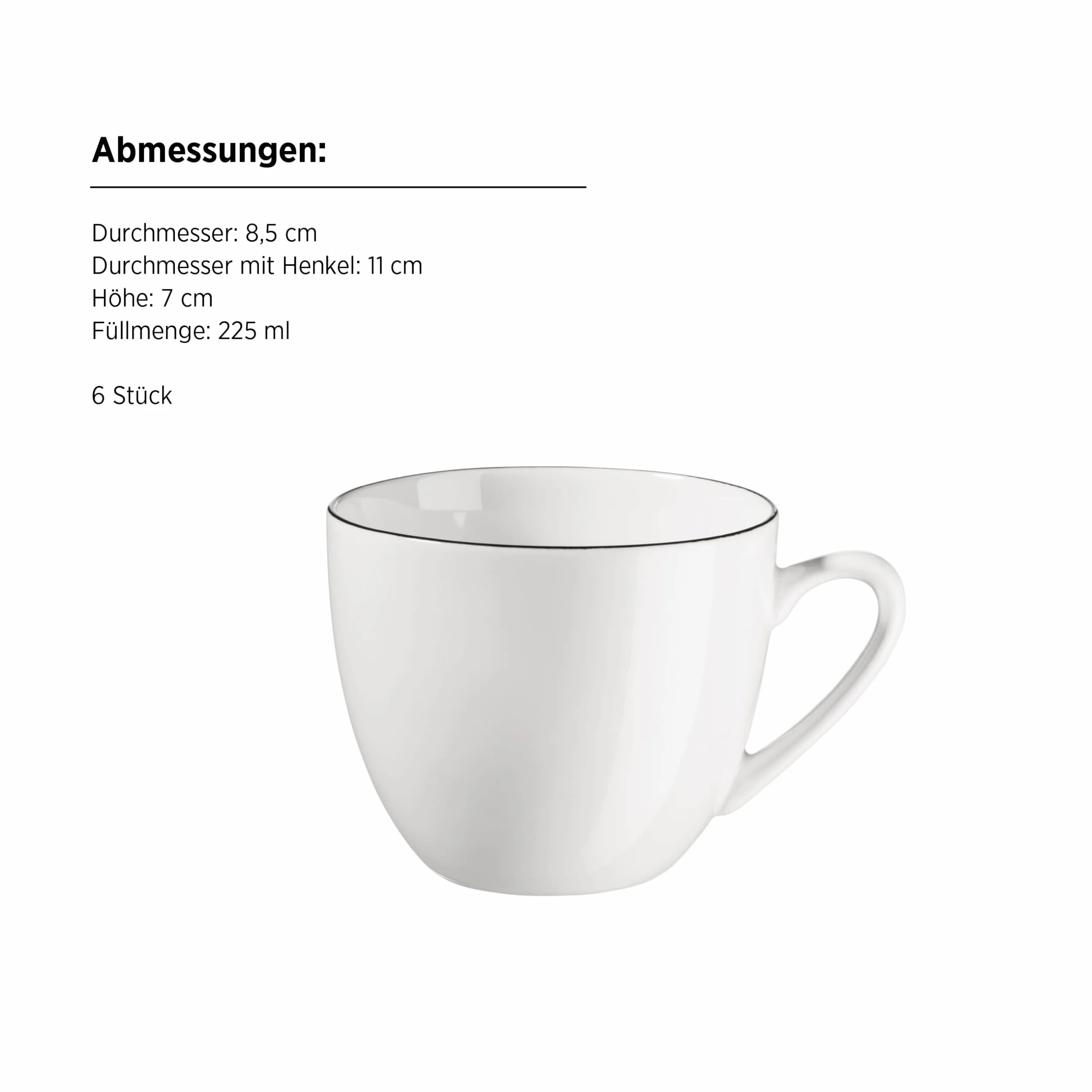 MÄSER Seria Felise, eleganckie naczynia do kawy dla 6 osób, ponadczasowe, z czarną krawędzią, porcelana, biała