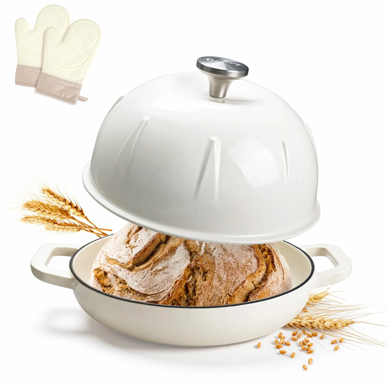 Davivy Emaliowany żeliwny piec holenderski 5 l do chleba na zakwasie, holenderski garnek do piekarnika z wypukłą pokrywką, żeliwny garnek do chleba - z rękawicami kuchennymi, biały