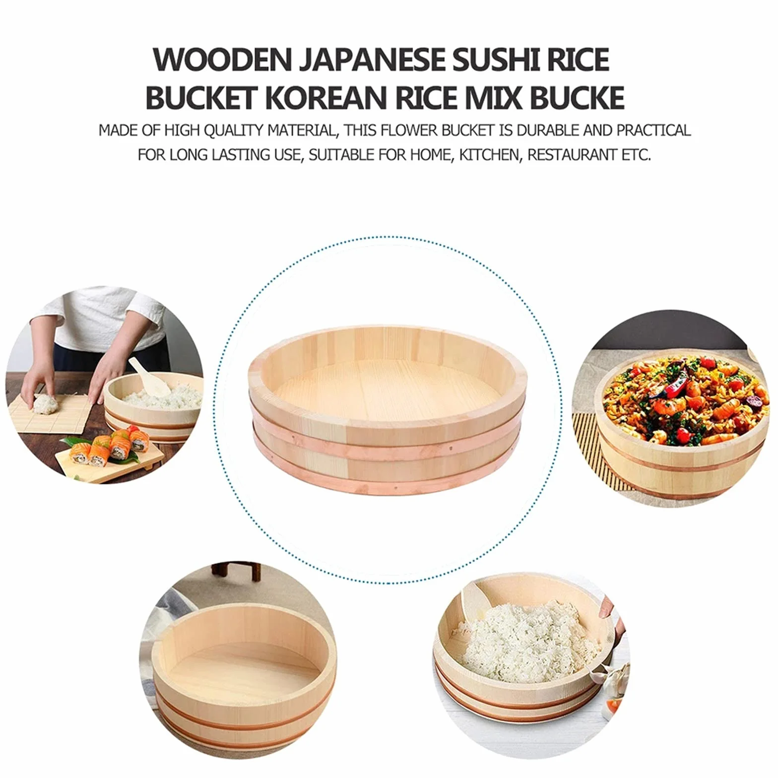 Japońska drewniana Hangiri Sushi Oke miska do mieszania ryżu, zestaw do robienia sushi z 2 łopatkami ryżowymi i 1 bambusowymi matami do sushi do użytku domowego, 52 cm / 20,4 cala