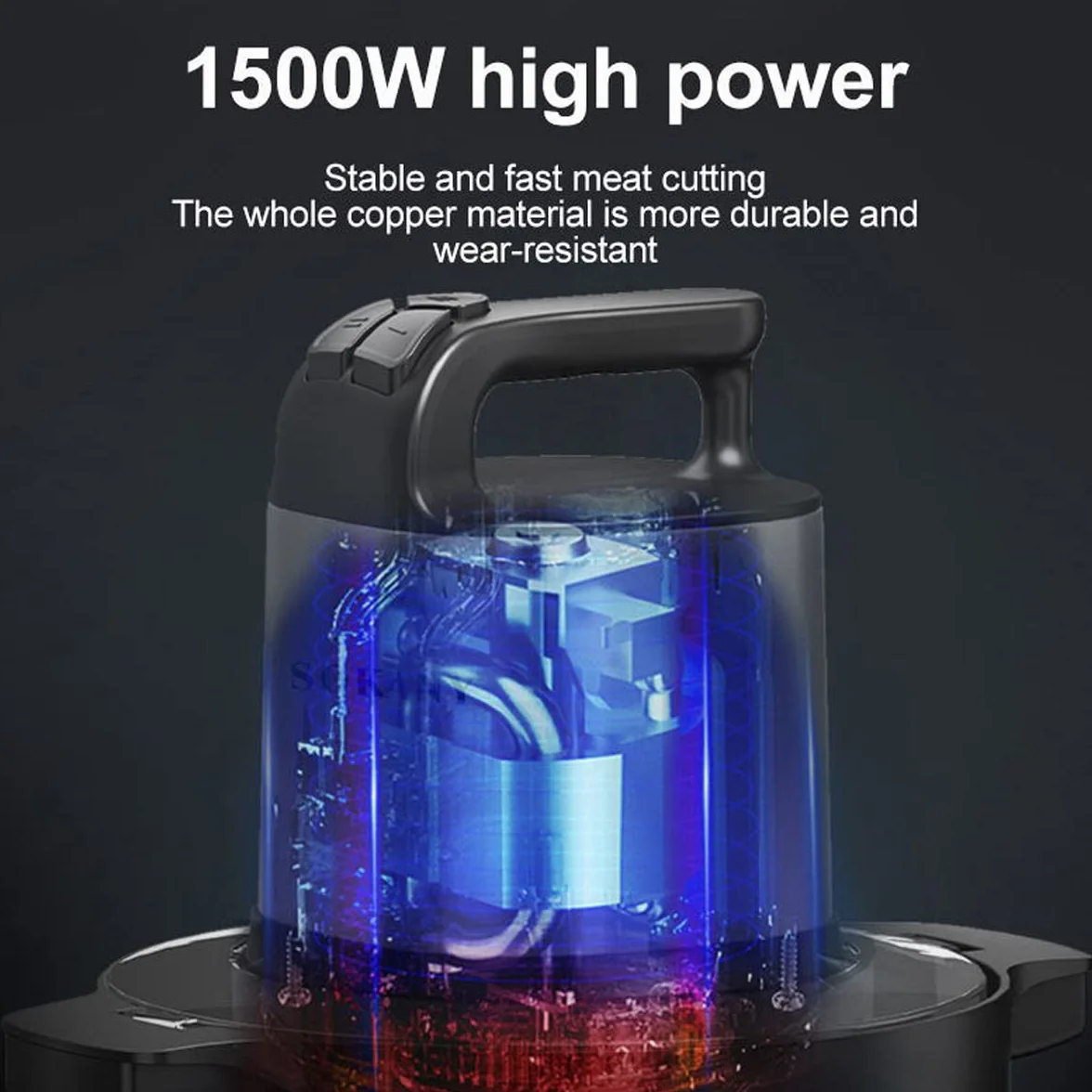 SOKANY Elektryczny rozdrabniacz kuchenny 1500 W z miską ze stali nierdzewnej 6,5 l, wielofunkcyjny rozdrabniacz z 3 poziomami prędkości, młynek do mięsa z 4 ostrzami do mięsa, cebuli, owoców, warzyw