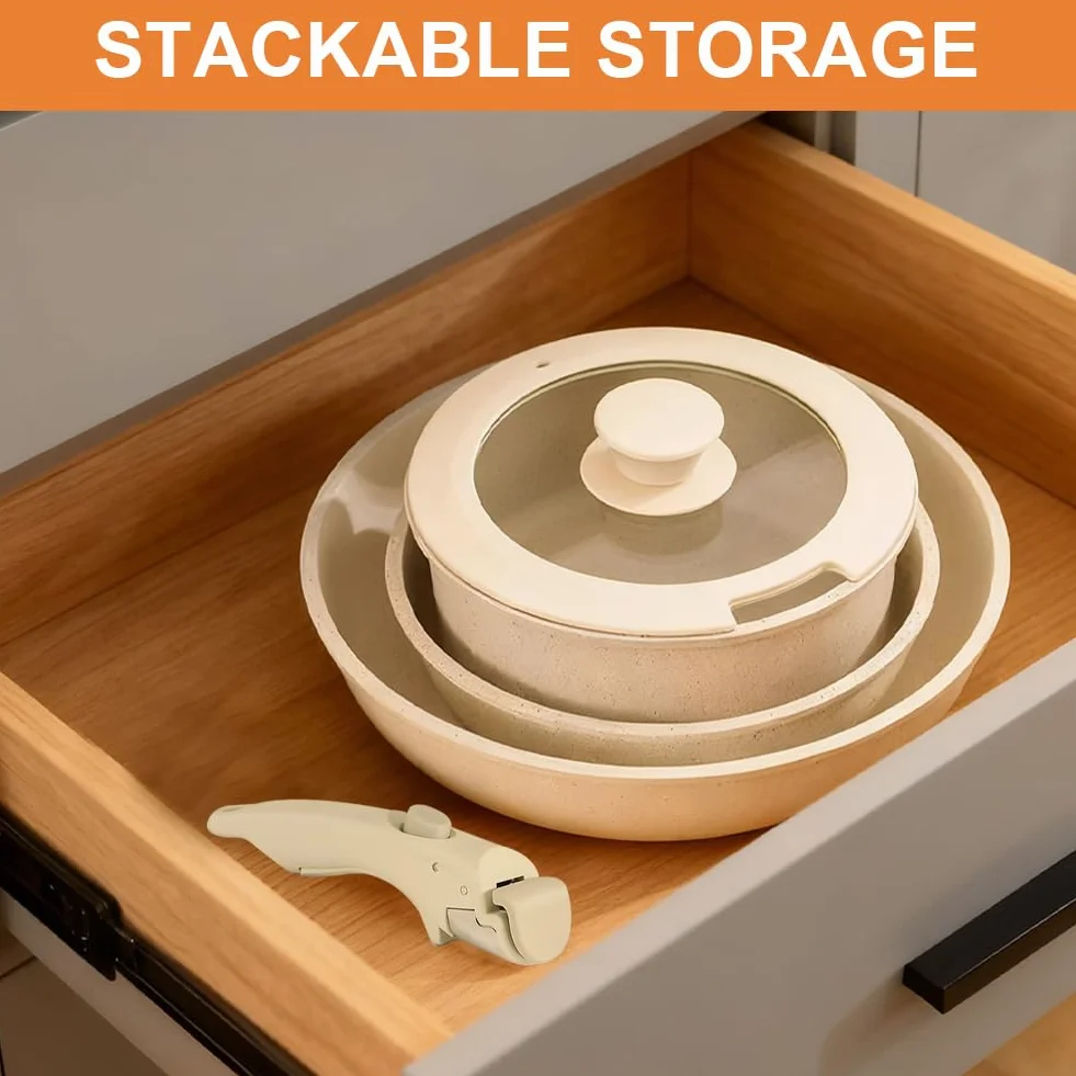 Zestaw naczyń ceramicznych 16/18/20 cm ze zdejmowanym uchwytem i pokrywką 3 w 1, nieprzywierająca do wszystkich rodzajów kuchenek, nadaje się do piekarników, nadaje się do mycia w zmywarce, zajmujący