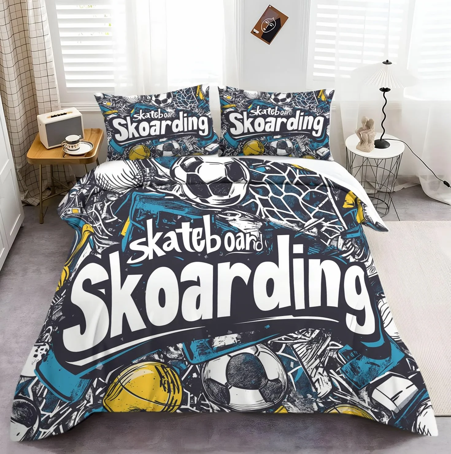 Poszewka na kołdrę motyw sportowy piłka nożna deskorolka pościel 230 x 220 cm pokrowiec dekoracja pokój zestaw pościeli dla dzieci młodzieży dorosłych nowoczesny kolor