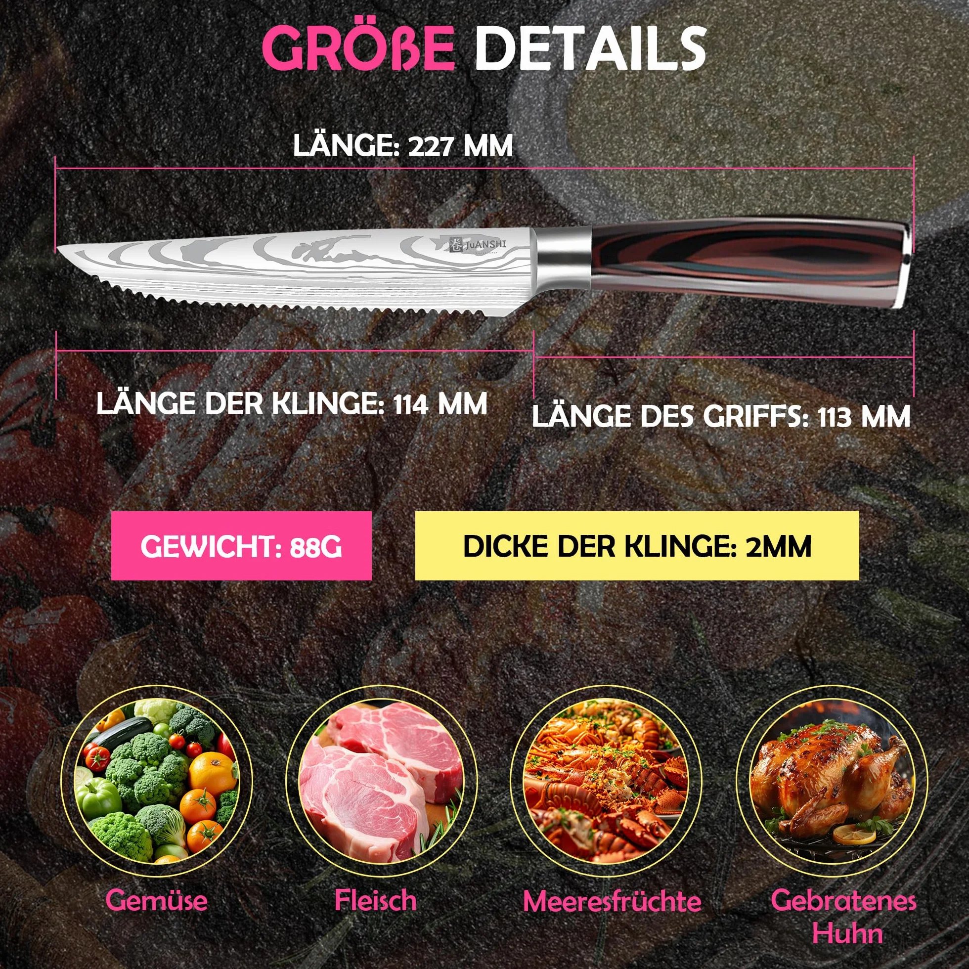 JUANSHI Noże kuchenne profesjonalny nóż szefa kuchni nóż do chleba Santoku nóż kuchenny (nóż do steków 11,4 cm)