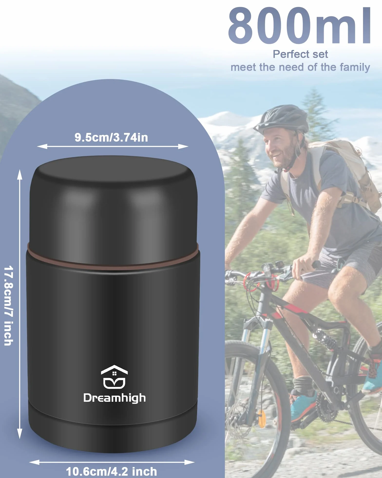 Dreamhigh® Termos na żywność, 800 ml, termos na zupę z łyżką, izolowany próżniowo pojemnik na żywność ze stali nierdzewnej, szczelny, z torbą do noszenia, utrzymuje gorące/zimne przez 12 godzin
