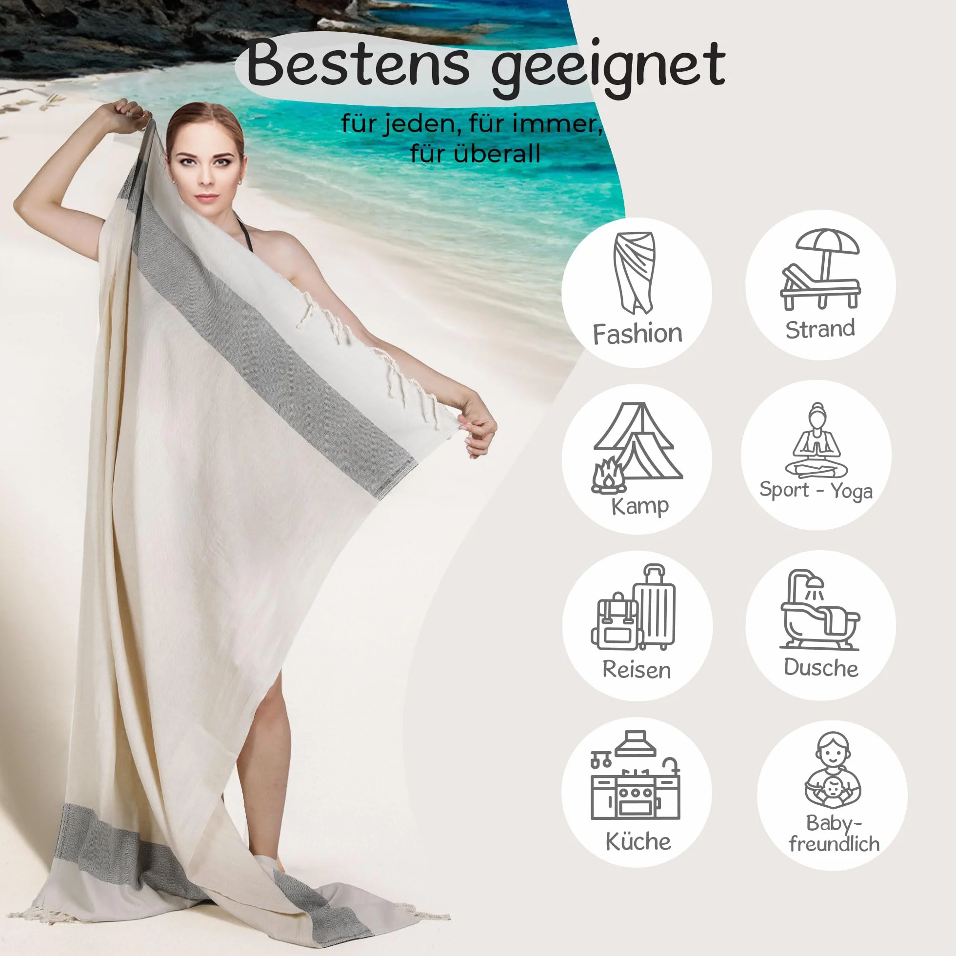 Linen 90 x 180 cm, ręcznik plażowy, ręcznik hammam, dla kobiet i mężczyzn, ręcznik kąpielowy, ręcznik do sauny, 50% len, 50% bawełna, lekki i chłonny, orientalny ręcznik kąpielowy