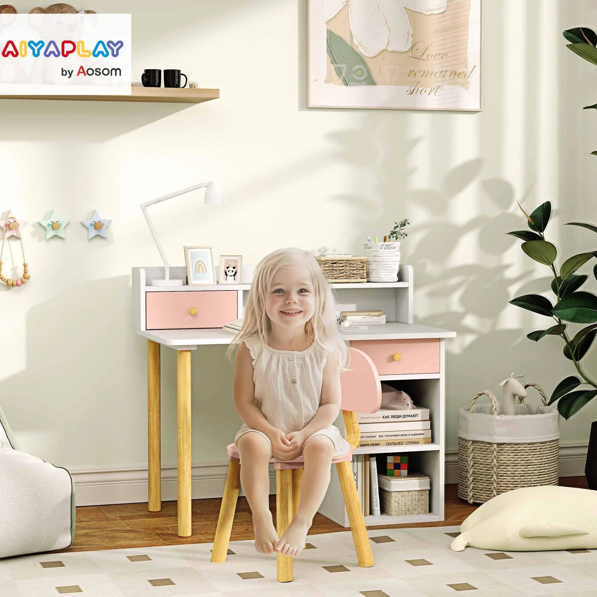 AIYAPLAY Kids Desk and Chair Set, Children Study Table with Hutch, Storage, Drawer, Shelves, for Studying, Reading, Drawing, for Ages 3-8 Years, Pink