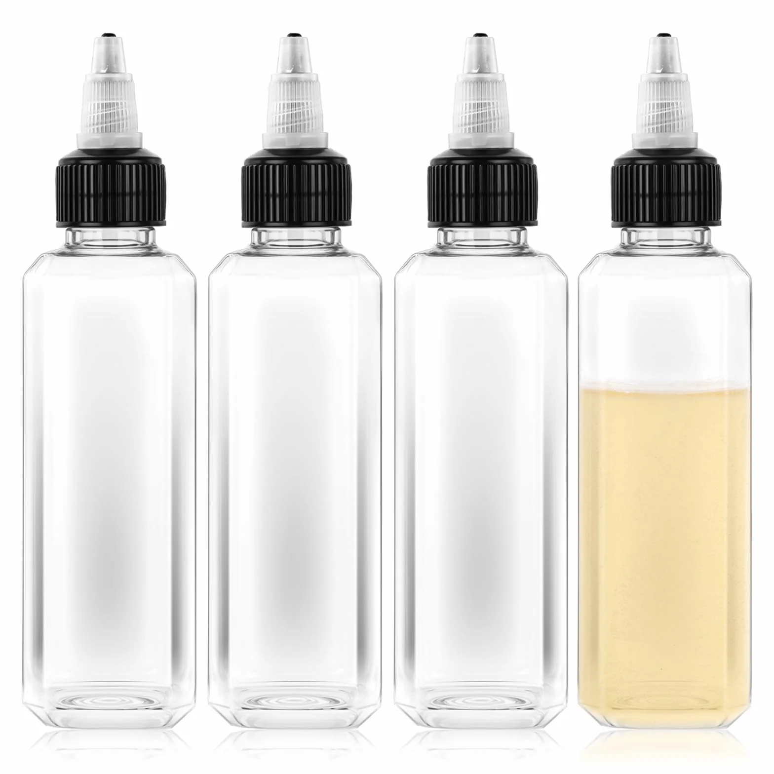 Qianyu 4 butelki do wyciskania, 100 ml, małe butelki z zakrętką, szczelne, na przyprawy płynne, sosy sojowe, ocet, syrop, ketchup, do majsterkowania, kuchni