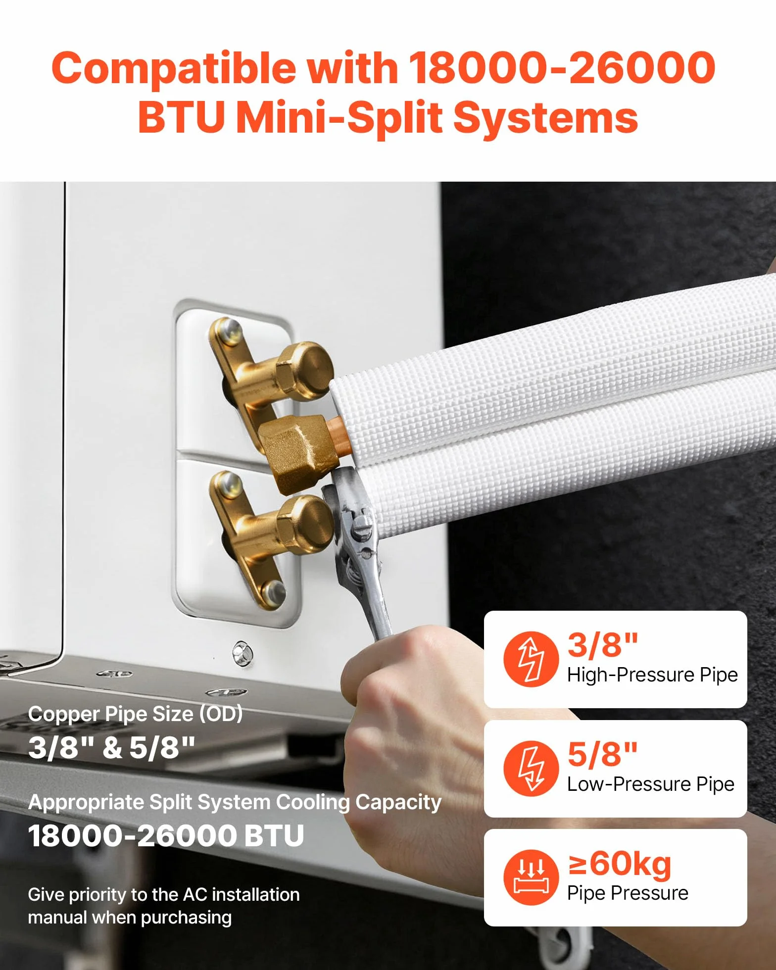 VEVOR Zestaw mini linii rozdzielających 30,5 m, rura miedziana 9,5 i 15,9 mm OD AC, 3/8 biała pogrubiona izolowana cewka PE z rozkloszowanymi nakrętkami, taśmami taśmowymi, do mini klimatyzatora HVAC
