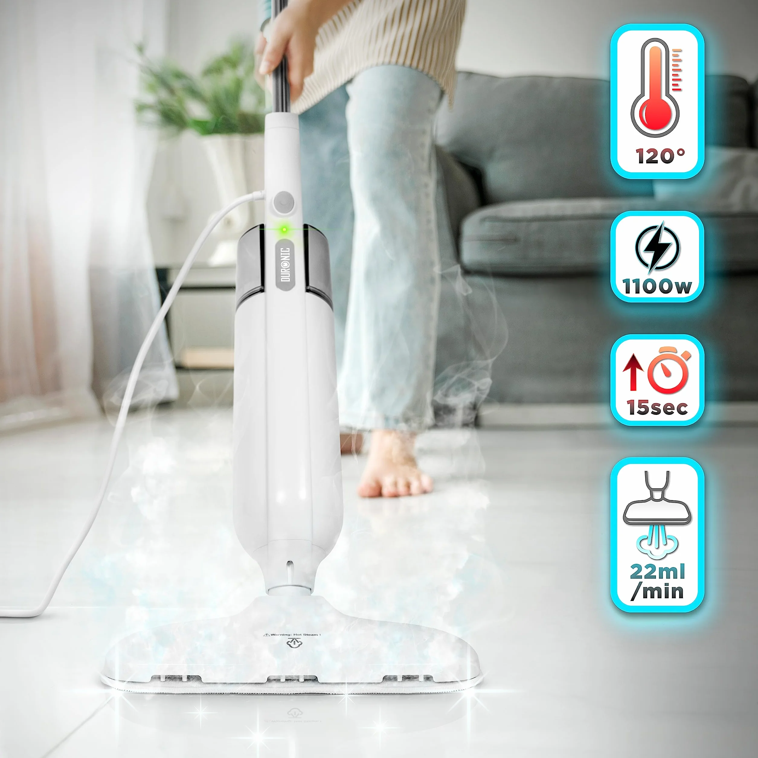 Duronic STM11 Mop parowy elektryczny 1100W 15 sekund nagrzewania 3 wkłady do podłóg twardych 120 stopni