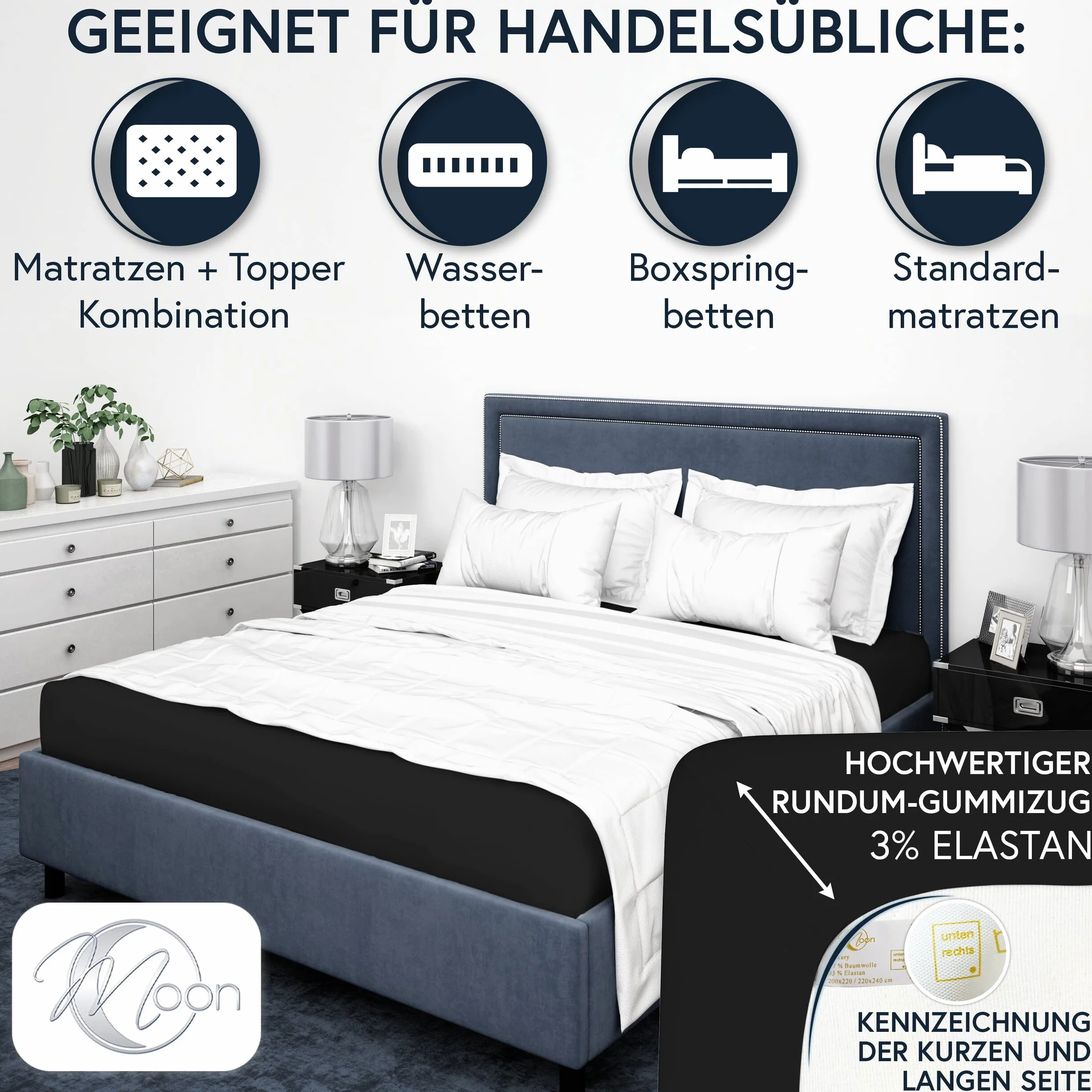 Moon - Luksusowe prześcieradło z gumką Jersey Stretch 230 g/m² do łóżek wodnych, łóżek kontynentalnych i tradycyjnych materacy (czarne, 200 x 220 – 220 x 240)