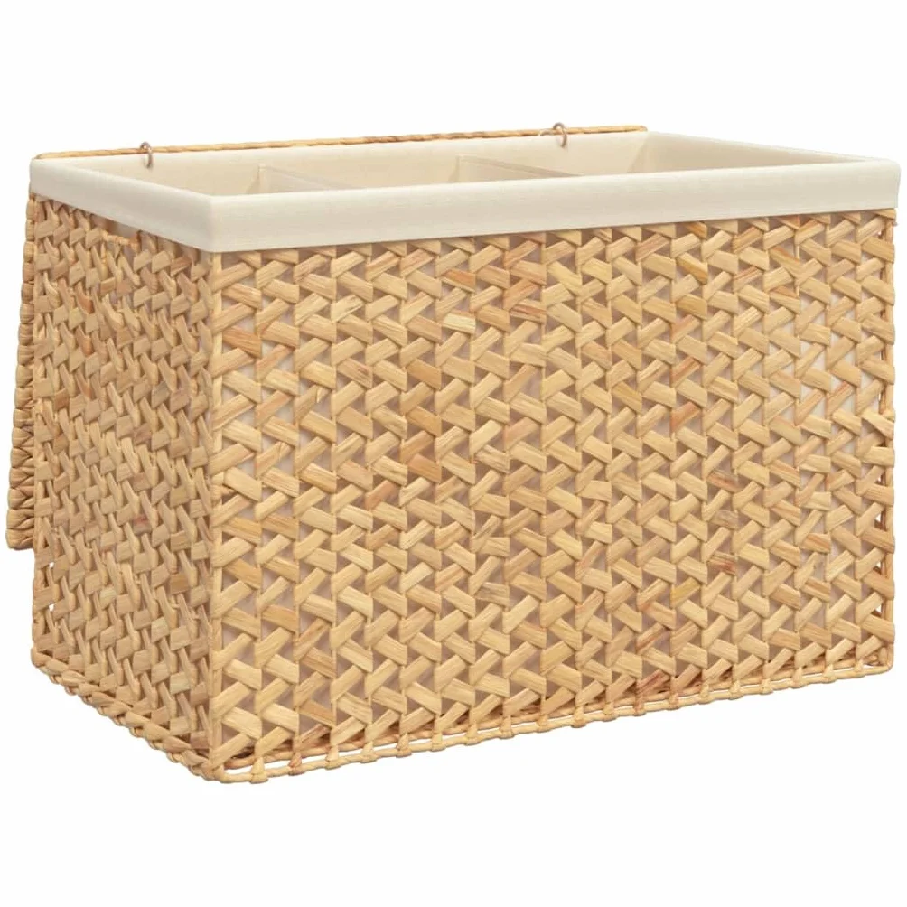 Składany 3-częściowy kosz na pranie 75 x 42,5 x 52 cm z hiacyntu wodnego z pokrywą i bocznym uchwytem, wytrzymała metalowa rama, rustykalny design do łazienki.