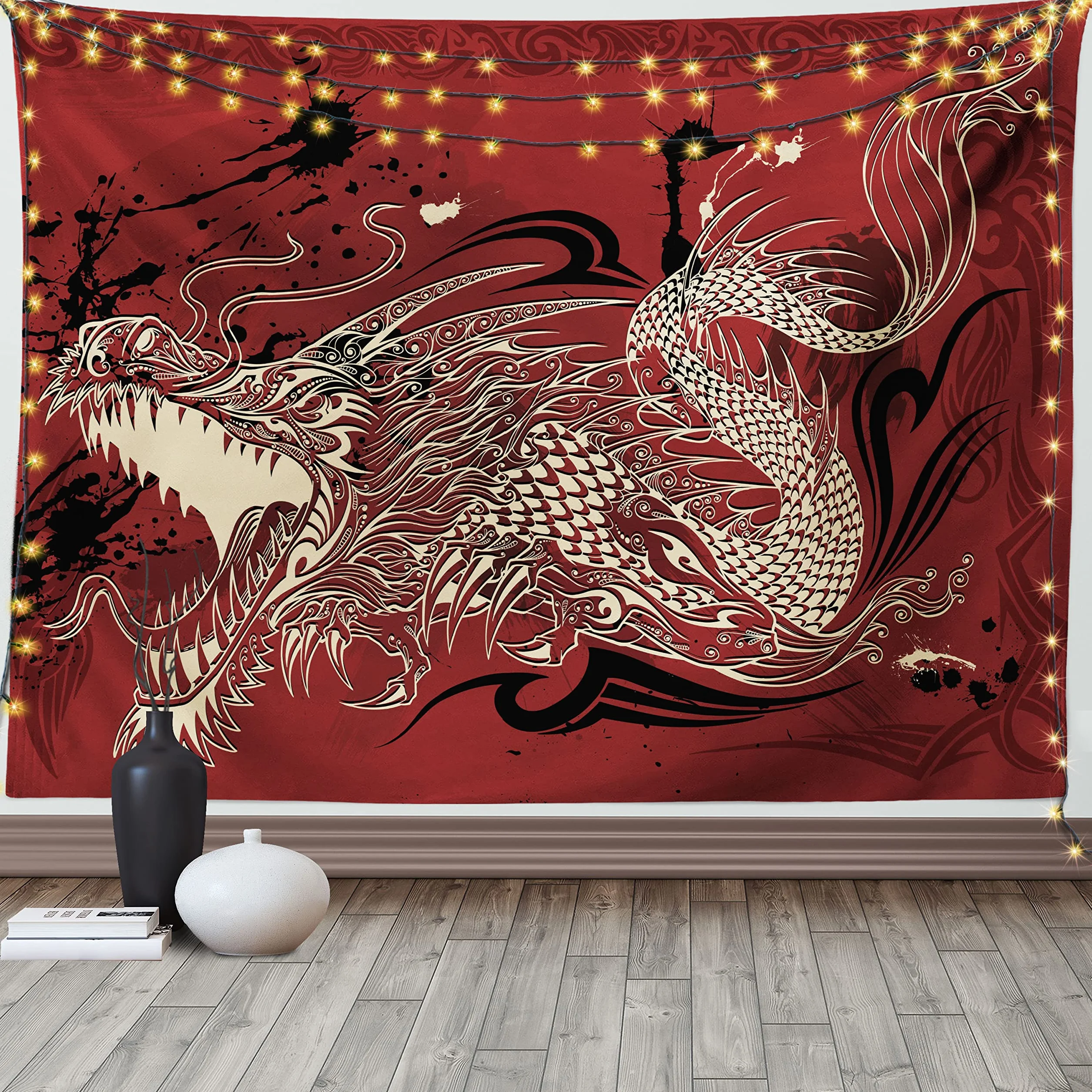 ABAKUHAUS Dekoracyjny gobelin smok Zły smok Doodle grunge japoński Eastern Ethereal 150x110cm