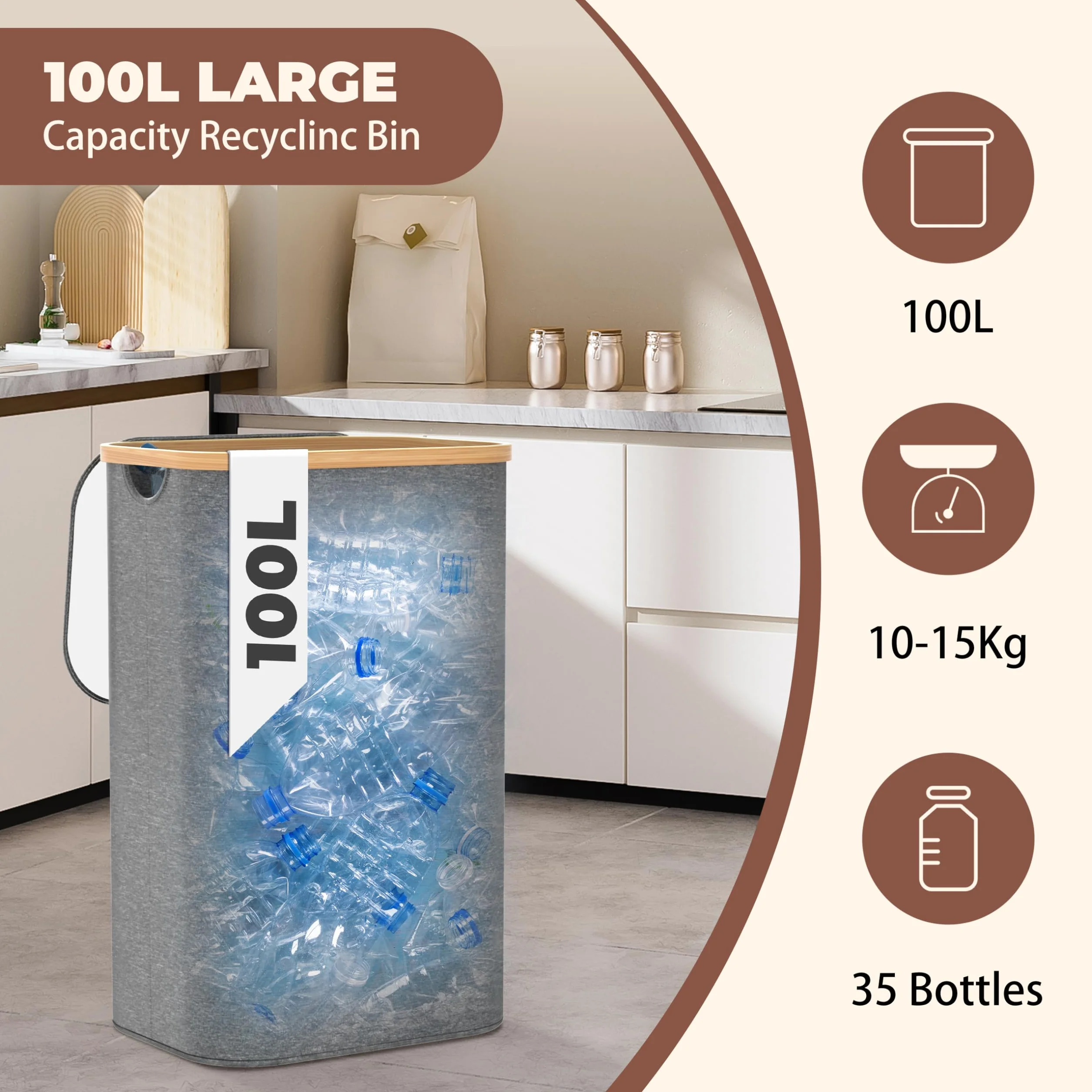 Returnable Bottle Container 100L Grå – Bottle Collector with 2 Transport Bags – Deposit Bottle Container Drop Hole – Bamboo Foldable