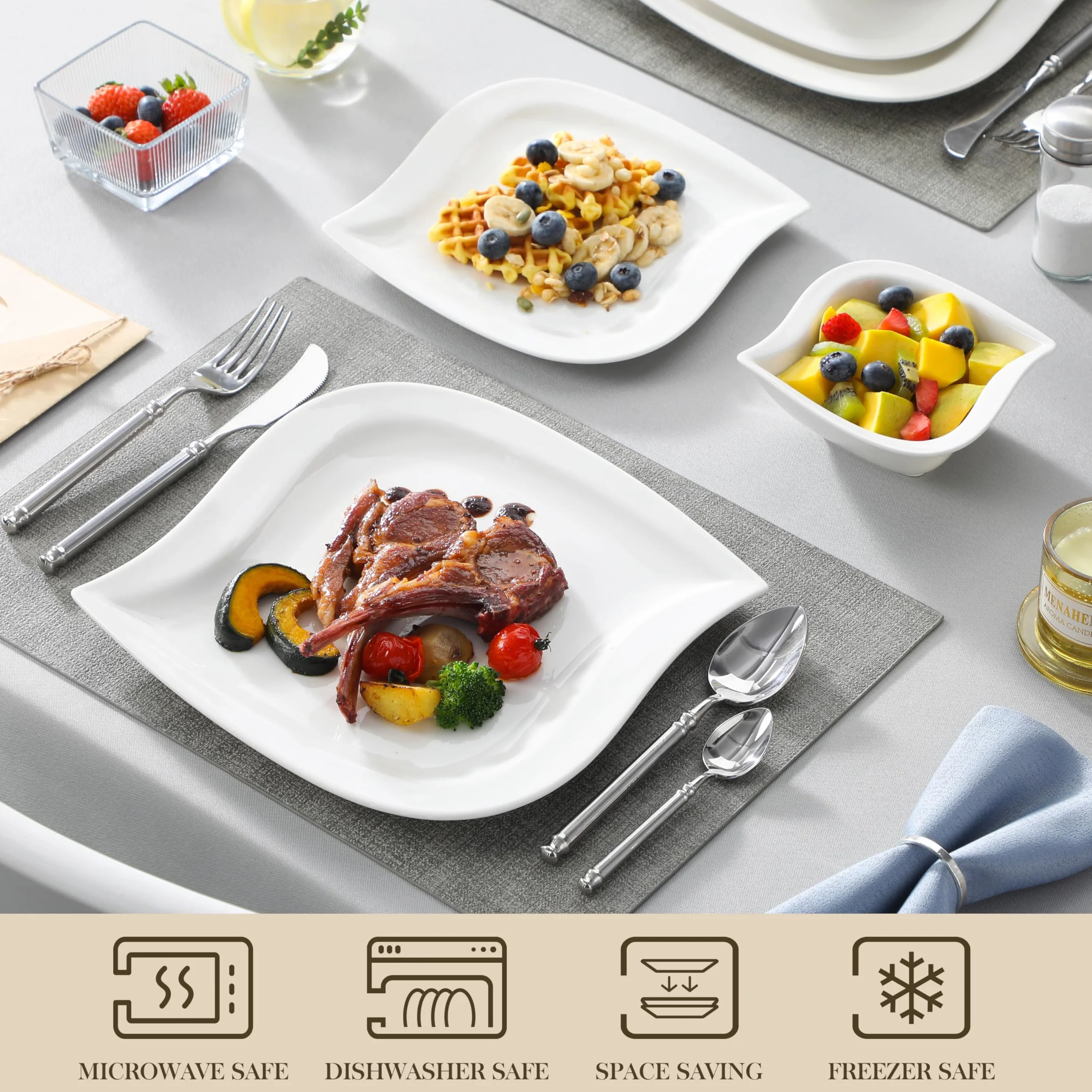 MALACASA Seria ELVIRA Zestaw naczyń z porcelany, 18-częściowy zestaw naczyń dla 6 osób z 6 talerzami obiadowymi 26 cm, 6 talerzykami deserowymi 21 cm, 6 miseczek na zupę 240 ml, białe