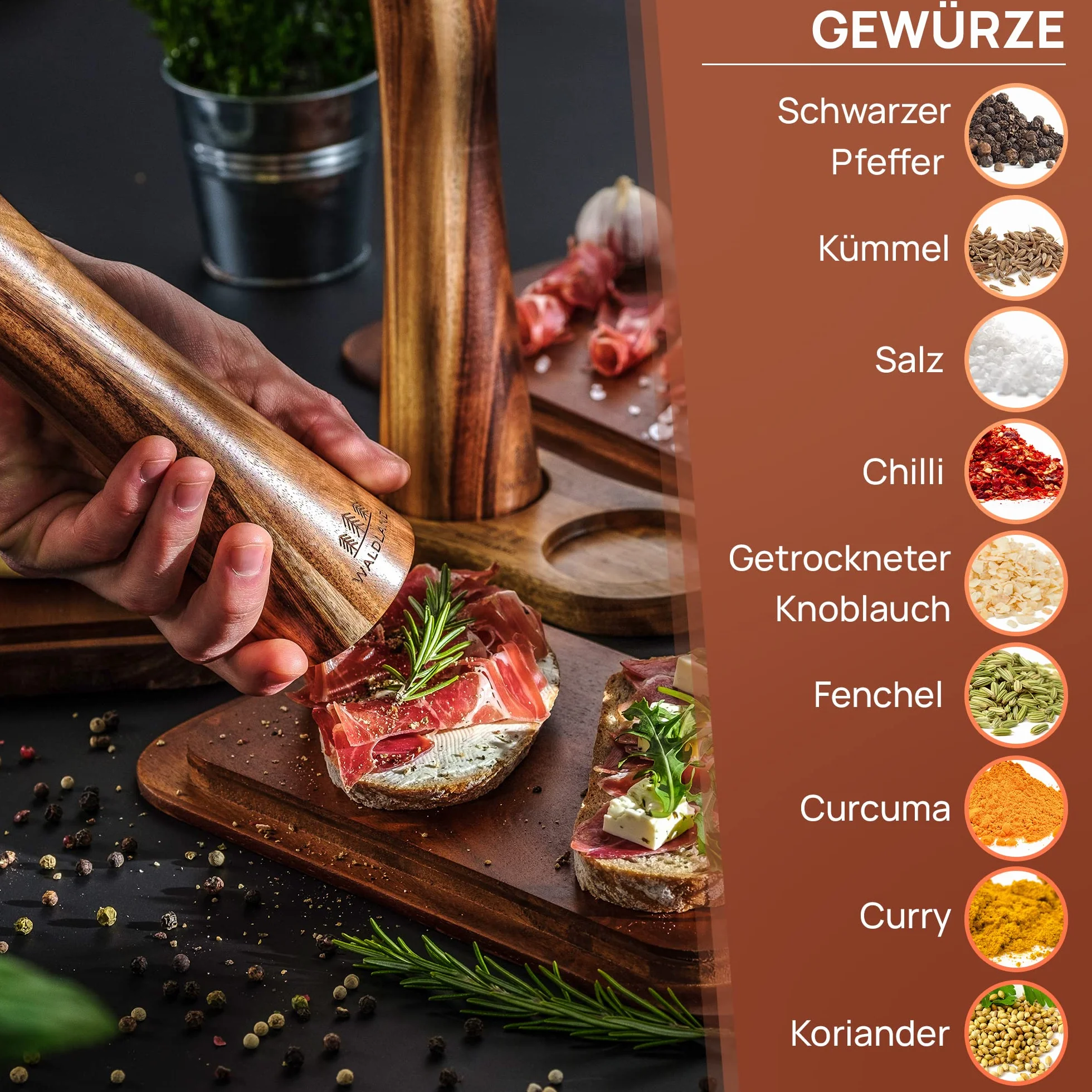 WALDLAND® Młynek do soli i pieprzu z drewna, z podstawką, mały (16,5 cm), młynek do przypraw z ceramicznym mechanizmem mielącym, zestaw młynków do pieprzu i soli