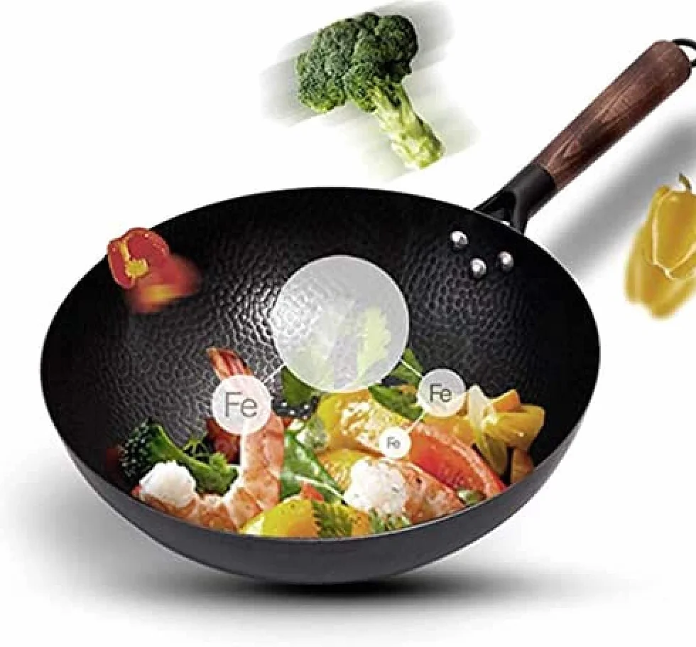 Wok ze stali węglowej kutej z drewnianym uchwytem, ręcznie kuta patelnia wok, garnek żeliwny odpowiedni do indukcji – średnica garnka 32 cm
