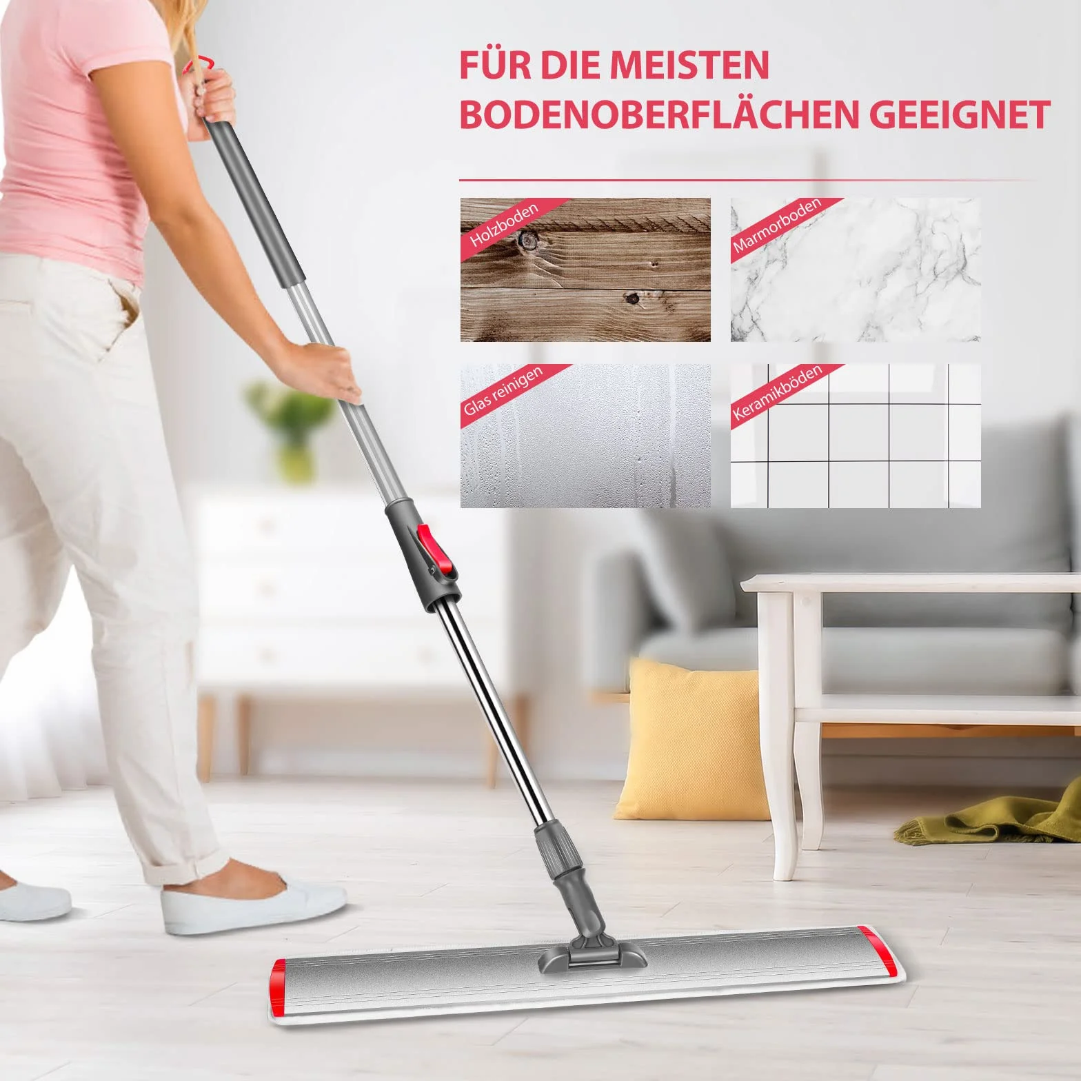 Myiosus Mop do podłóg, mop do podłogi, szerokość 60 cm, z uchwytem ze stali nierdzewnej, regulowany uchwyt ze stali nierdzewnej, płaski mop z mikrofibry, obracany o 360°, do płytek z twardego drewna
