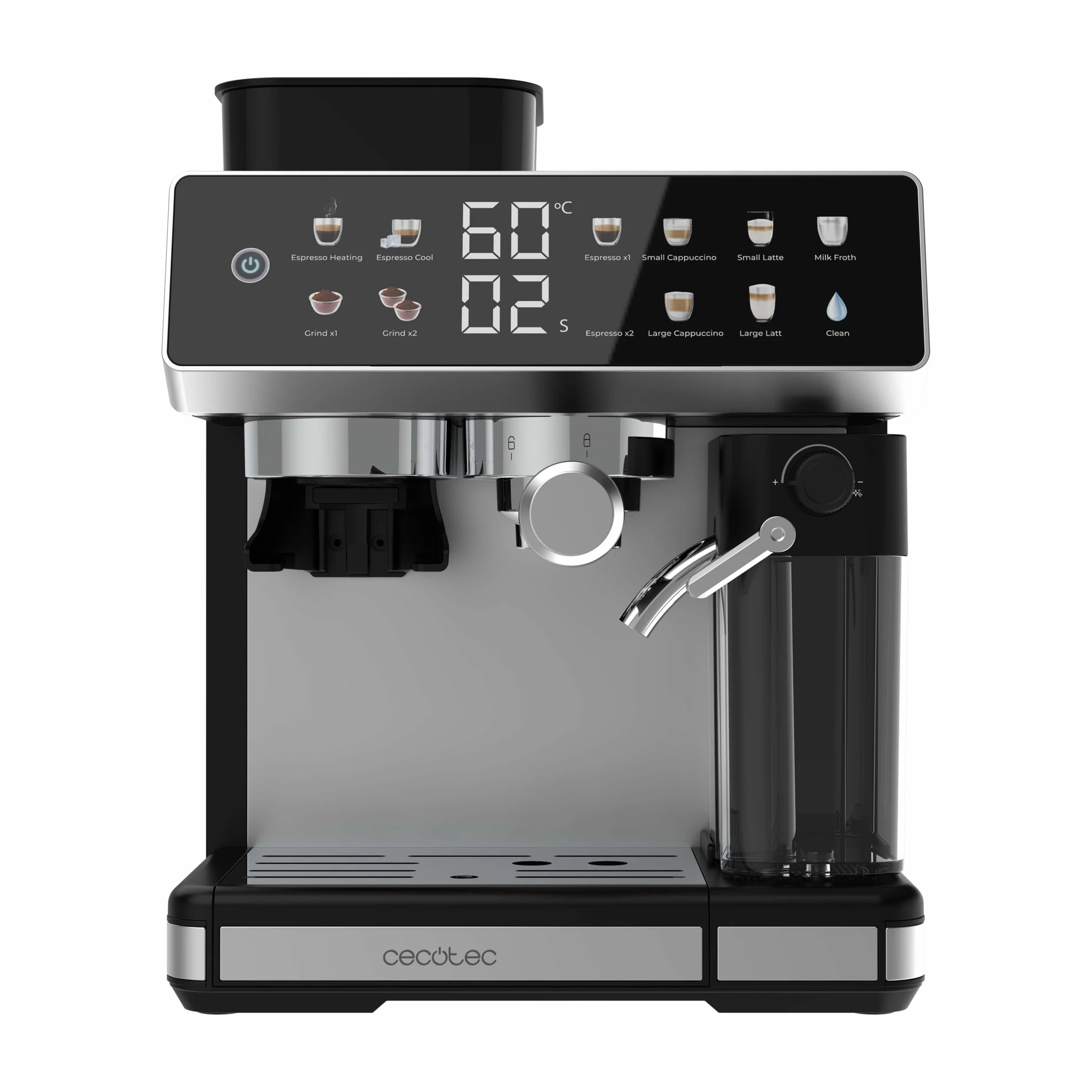 Cecotec Ekspres do kawy Barista Power Espresso 20 Barista Grind & Latte. 1350W, 20 barów, młynek stożkowy, 2,6 l zbiornik na wodę, 100g kawy i 500ml mleko, ekran dotykowy, samoczyszczenie, dostosowany