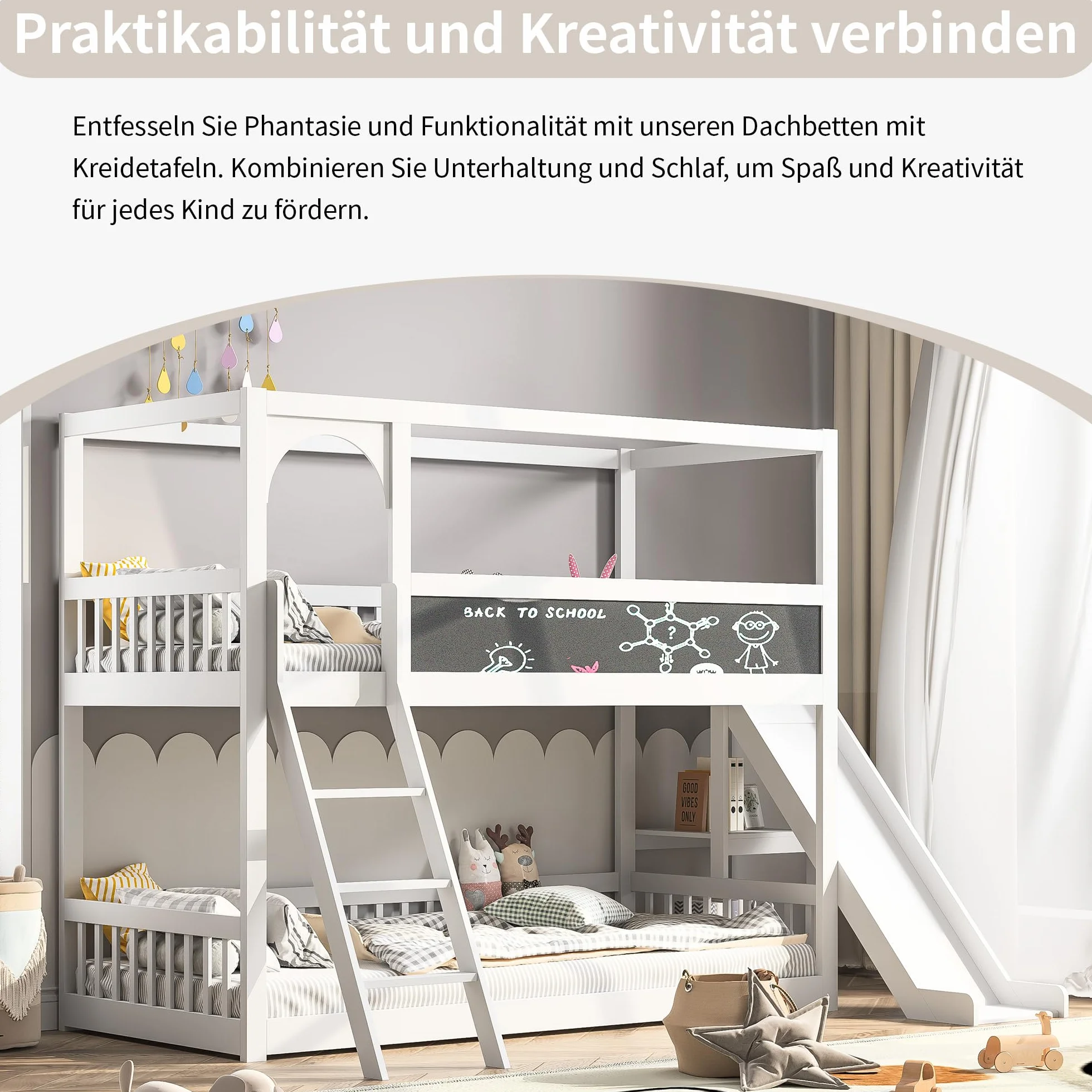 Łóżko dziecięce 90 x 200 cm, tapicerowane, łóżko piętrowe ze schodami i zjeżdżalnią, rama z litego drewna sosnowego, wielofunkcyjne łóżko młodzieżowe, łóżko piętrowe z zabezpieczeniem przed