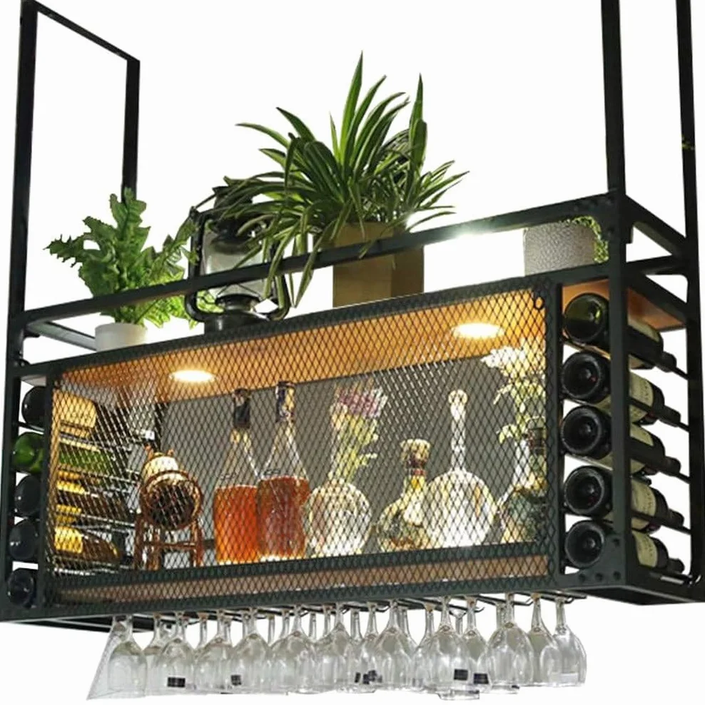Nowoczesny Metalowy Stojak Na Wino Montowany Na ścianie, Industrialny Sufitowy Wieszak Na Wino Z Uchwytem Na Szklanki I Półką, Dekoracja Baru W Stylu Retro Z żelaza, Stojaki Na Butelki Wina,1.2m/47in