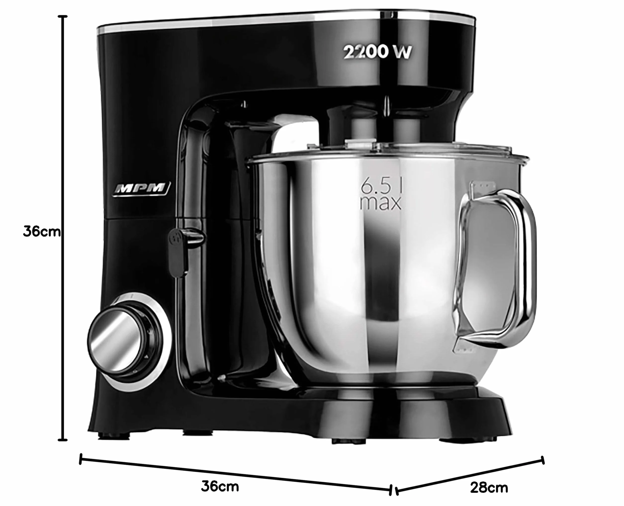 MPM MRK-19B robot kuchenny, piekarnia, profesjonalny blender, ugniatarka, ciasto, orbital + waga, 2200 W, maks. 6,5 l, miska ze stali nierdzewnej, 6 stopni prędkości + funkcja pulsu, system