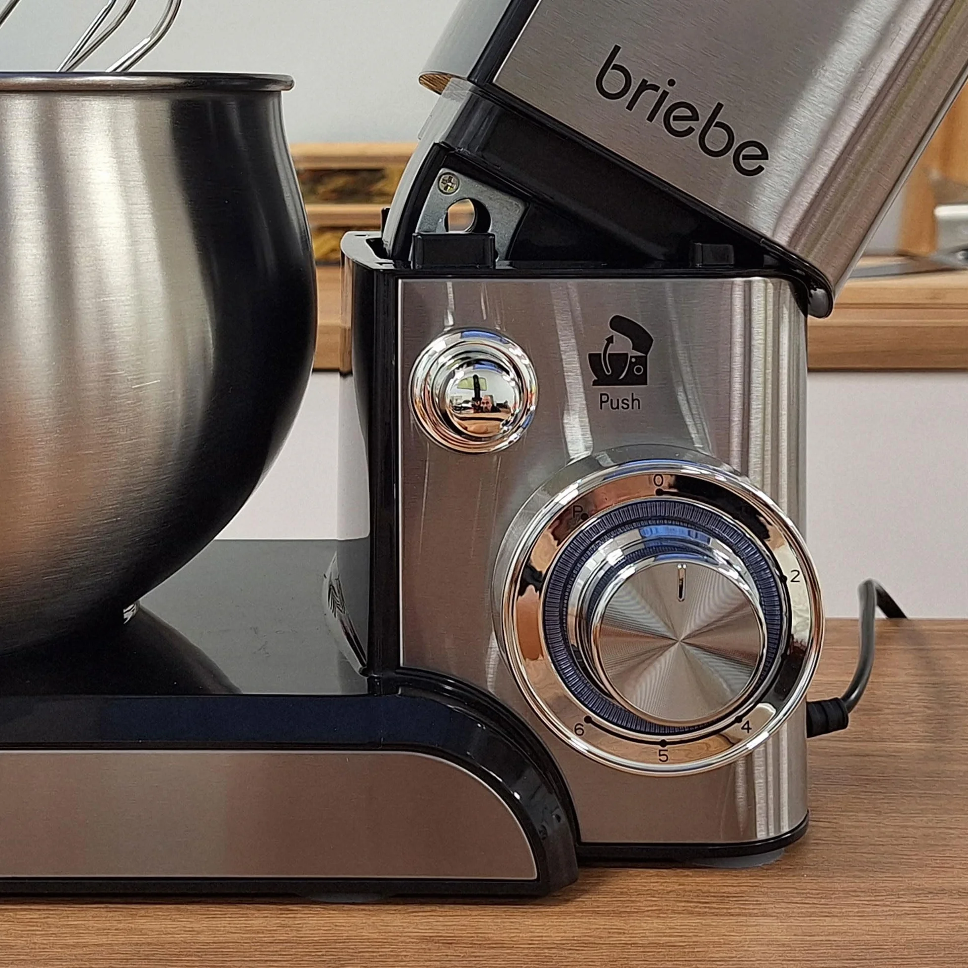 briebe Mikser do ciasta 1800 W MAX, profesjonalny robot kuchenny, ruch orbitalny, pręty, hak do ciasta, łopatka do mieszania, 5 l, 6 prędkości + funkcja pulsu, Inox KM1114