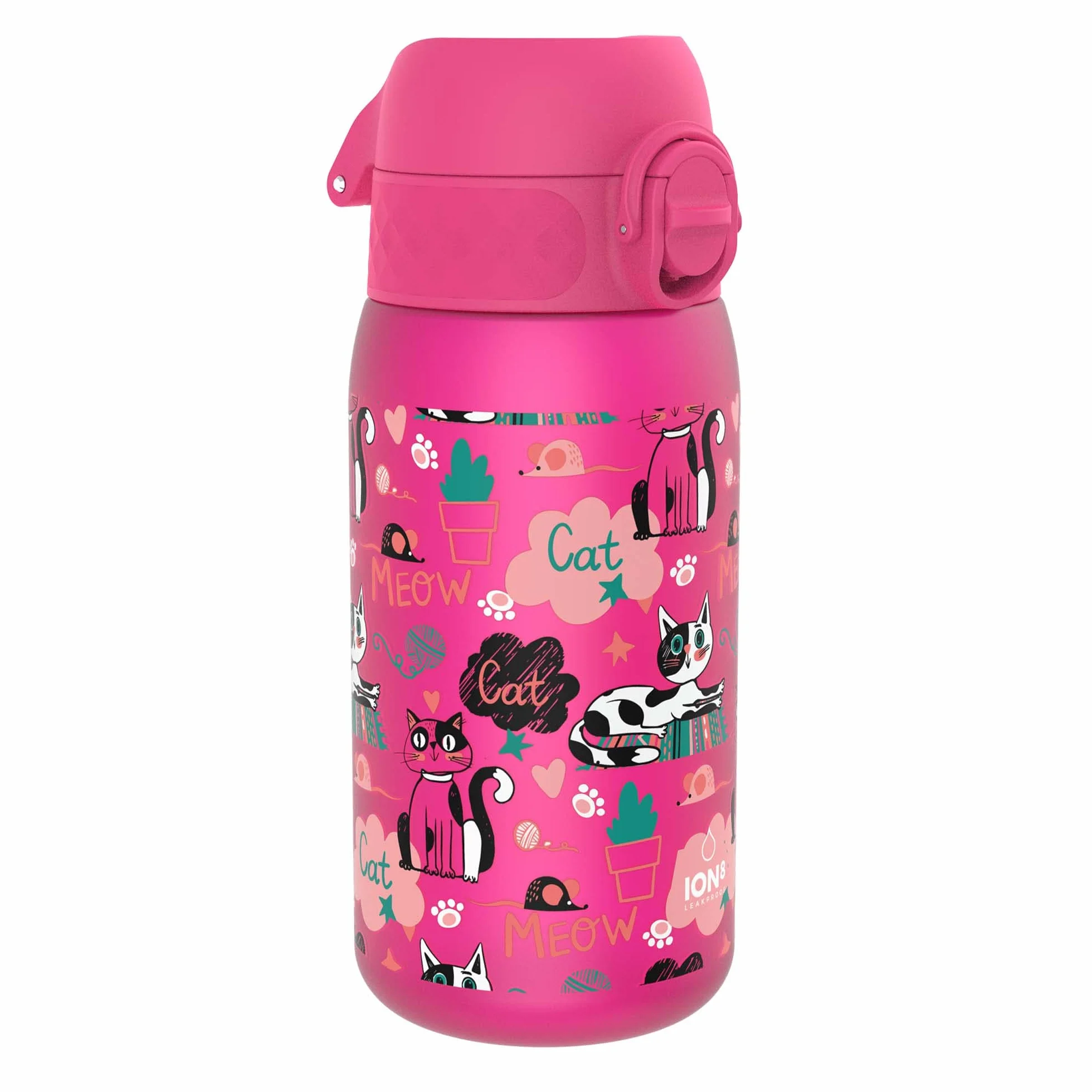 ION8 Butelka dla Dzieci, 350 ml/12 oz, Szczelna, Łatwa do Otwarcia, Bezpieczny Zamek, Można Myć w Zmywarce, Bez BPA, Uchwyt do Przenoszenia, Łatwa do Czyszczenia, Bezwonny, Koty