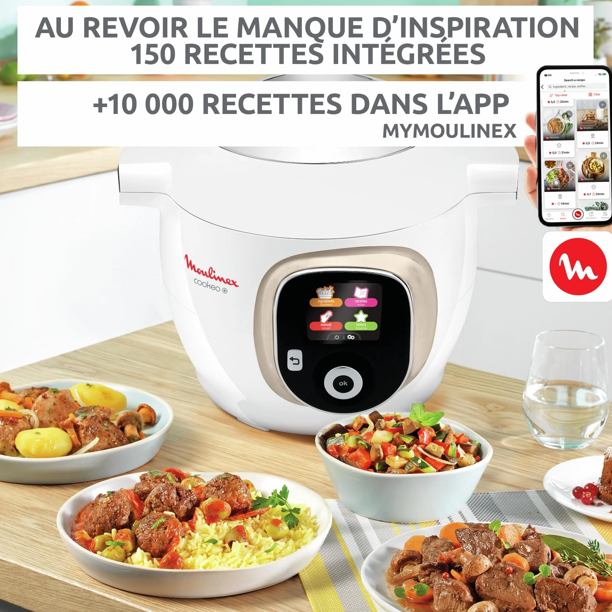 Moulinex, Cookeo Inteligentny multicooker 6L, 150 wbudowanych przepisów, gotowanie bez nadzoru, intuicyjny ekran, instrukcja gotowania, aplikacja MyMoulinex, 1600 W, biały, 15 lat, możliwość naprawy