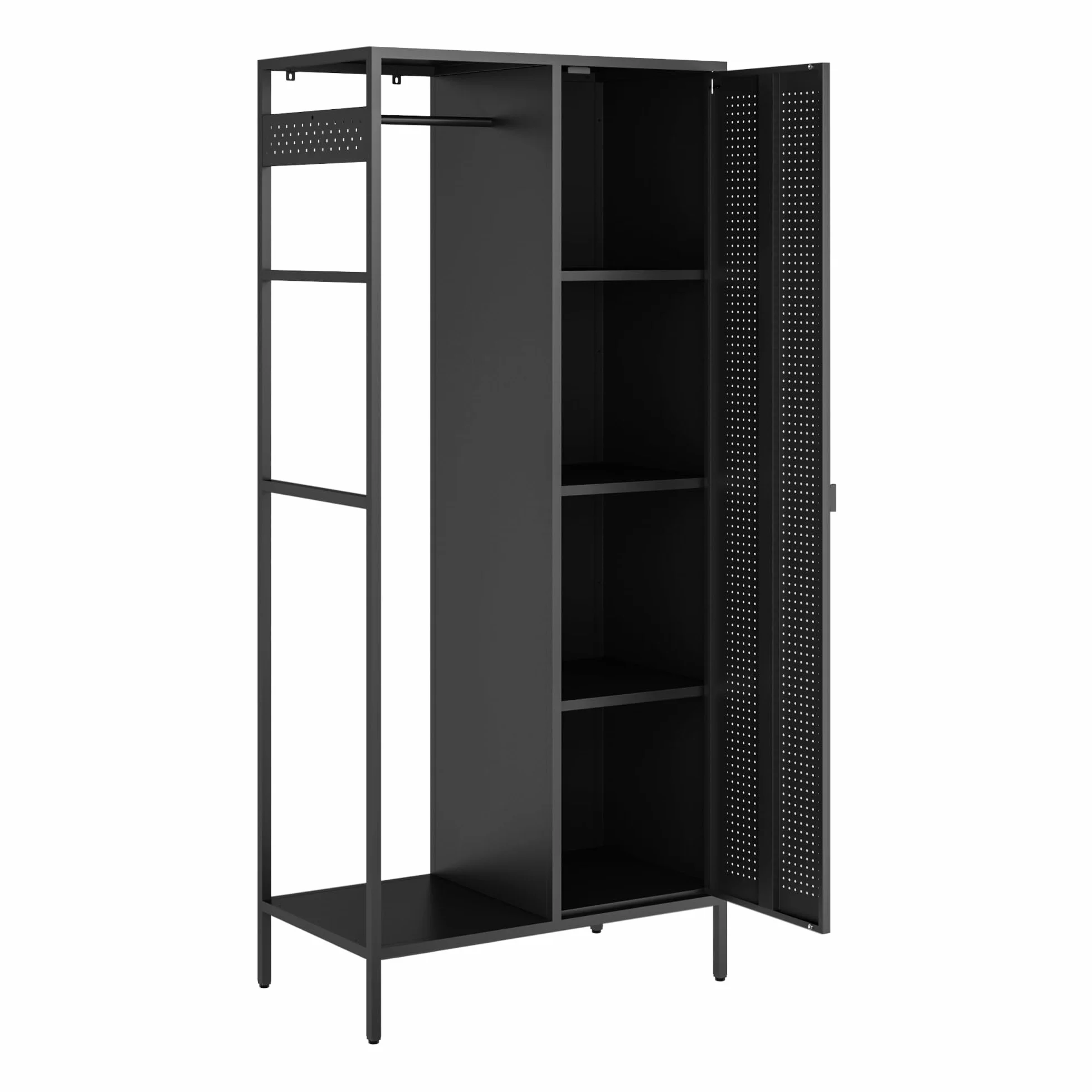 [en.casa] Szafa na ubrania Puumala 180 x 80 x 45 cm, szafa do sypialni, metalowa szafka z 4 półkami i 1 drążkiem na ubrania, metalowa, czarna