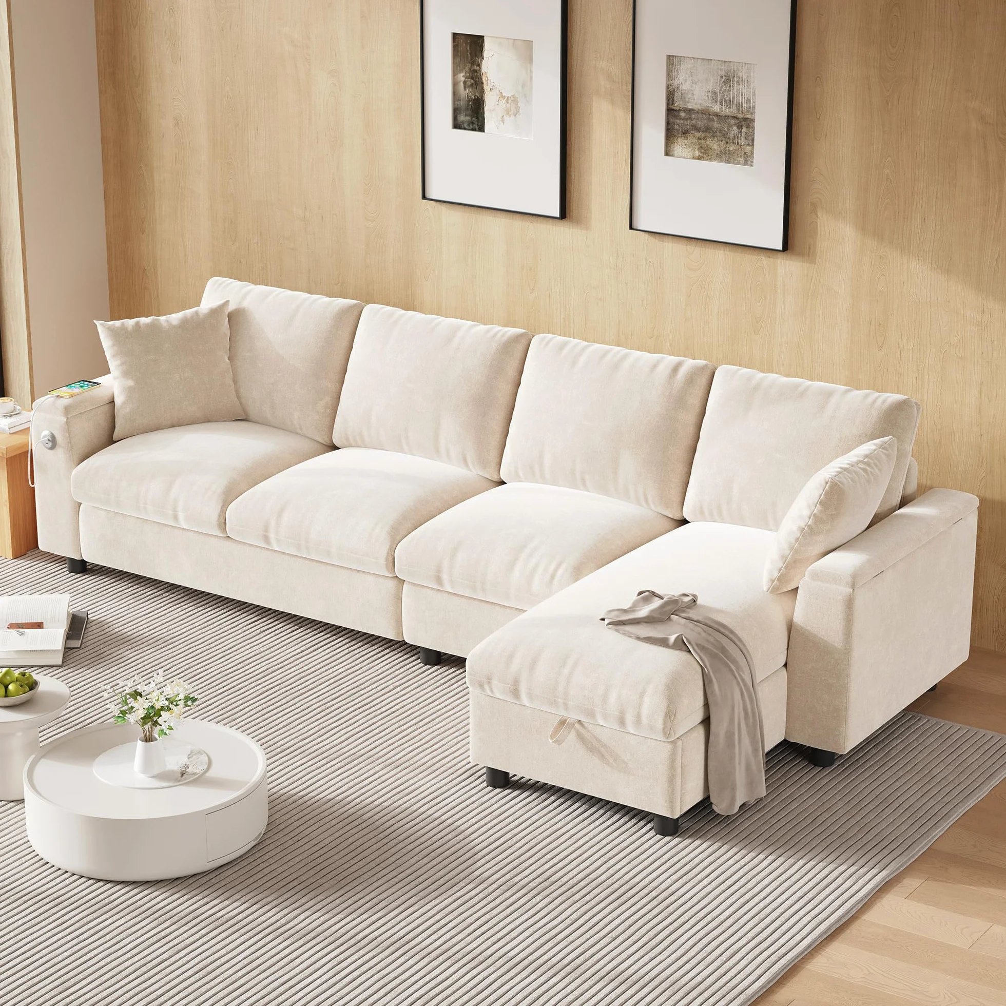 Sofa narożna L z funkcją spania, szenilowa, z miejscem do przechowywania + stolik kawowy, USB-C