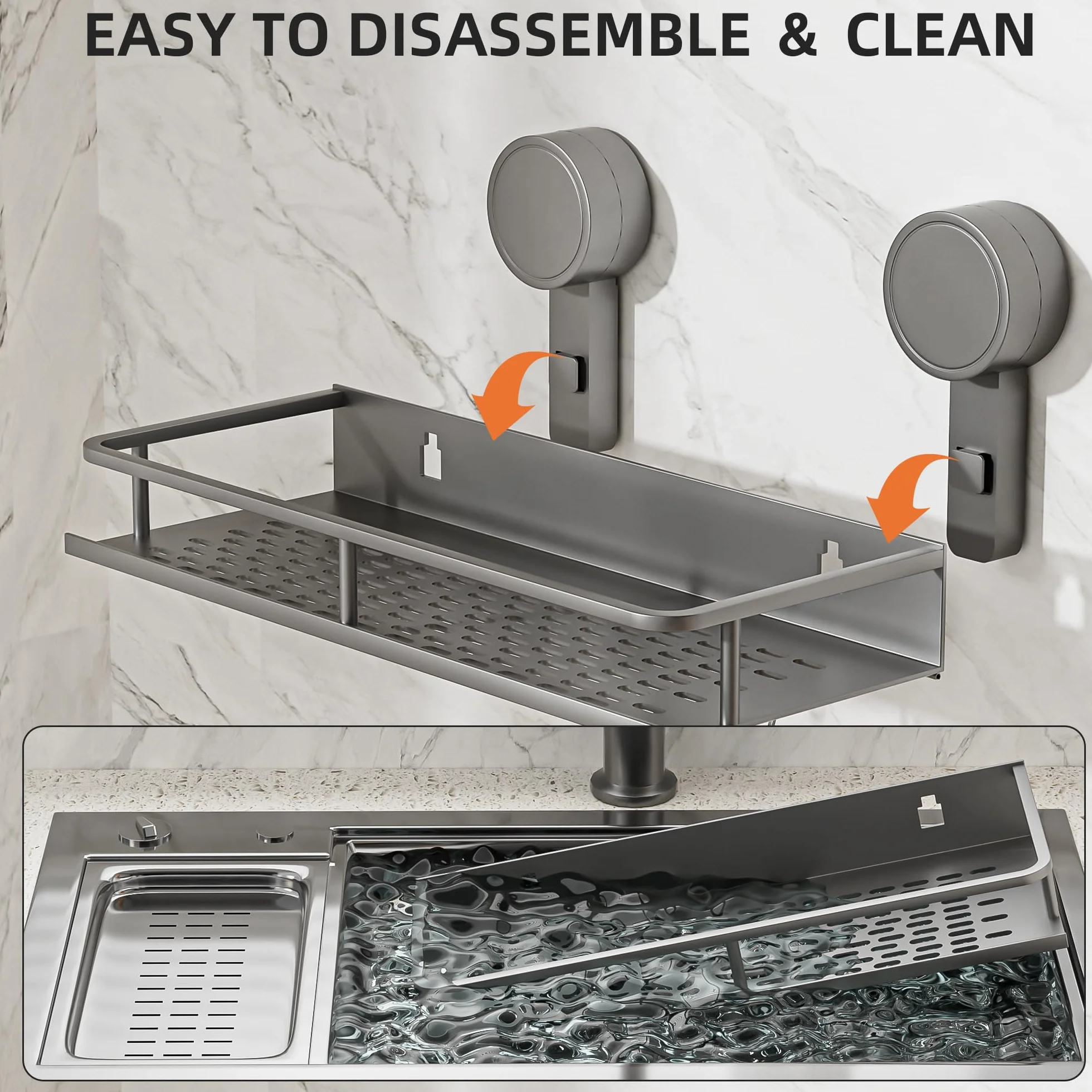 Wisfame Półka prysznicowa z przyssawką, bez wiercenia, duża pojemność, aluminiowy organizer łazienkowy z 5 haczykami, wodoszczelny/nierdzewny/trwały uchwyt na szampon, szary