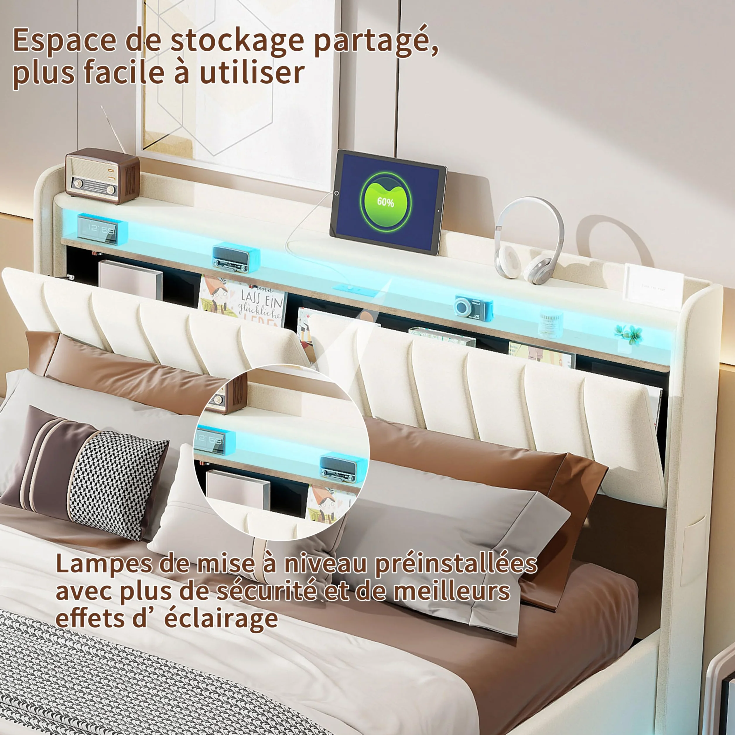 Łóżko tapicerowane z miejscem do przechowywania, 140 x 200 cm, podwójne łóżko z oświetleniem USB i LED, hydrauliczne łóżko do przechowywania, rama łóżka ze stelażem i skrzynią na pościel