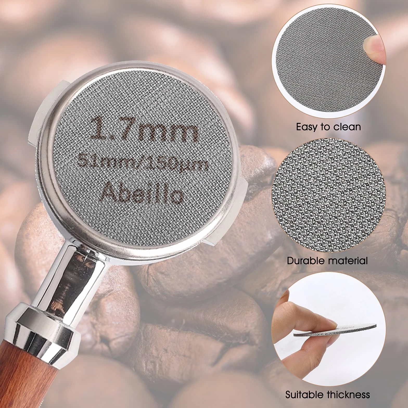 Abeillo Sitko do espresso, 51 mm, grubość 1,7 mm, 150 μm, filtr do kawy wielokrotnego użytku, dolne sitko prysznicowe do filtra espresso, stal nierdzewna 316 (51 mm)