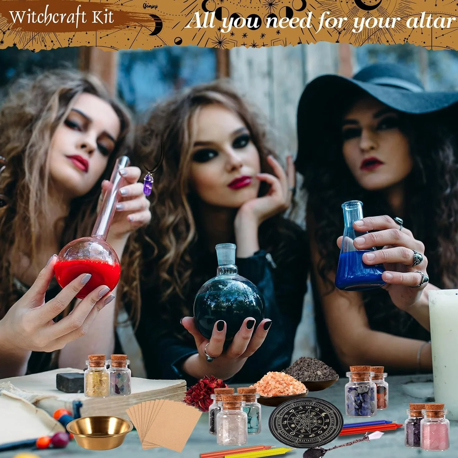 Zestaw startowy Czary akcesoria czarownic świece suszone kwiaty dzwonki wietrzne kryształy pergamin dekoracja magiczne