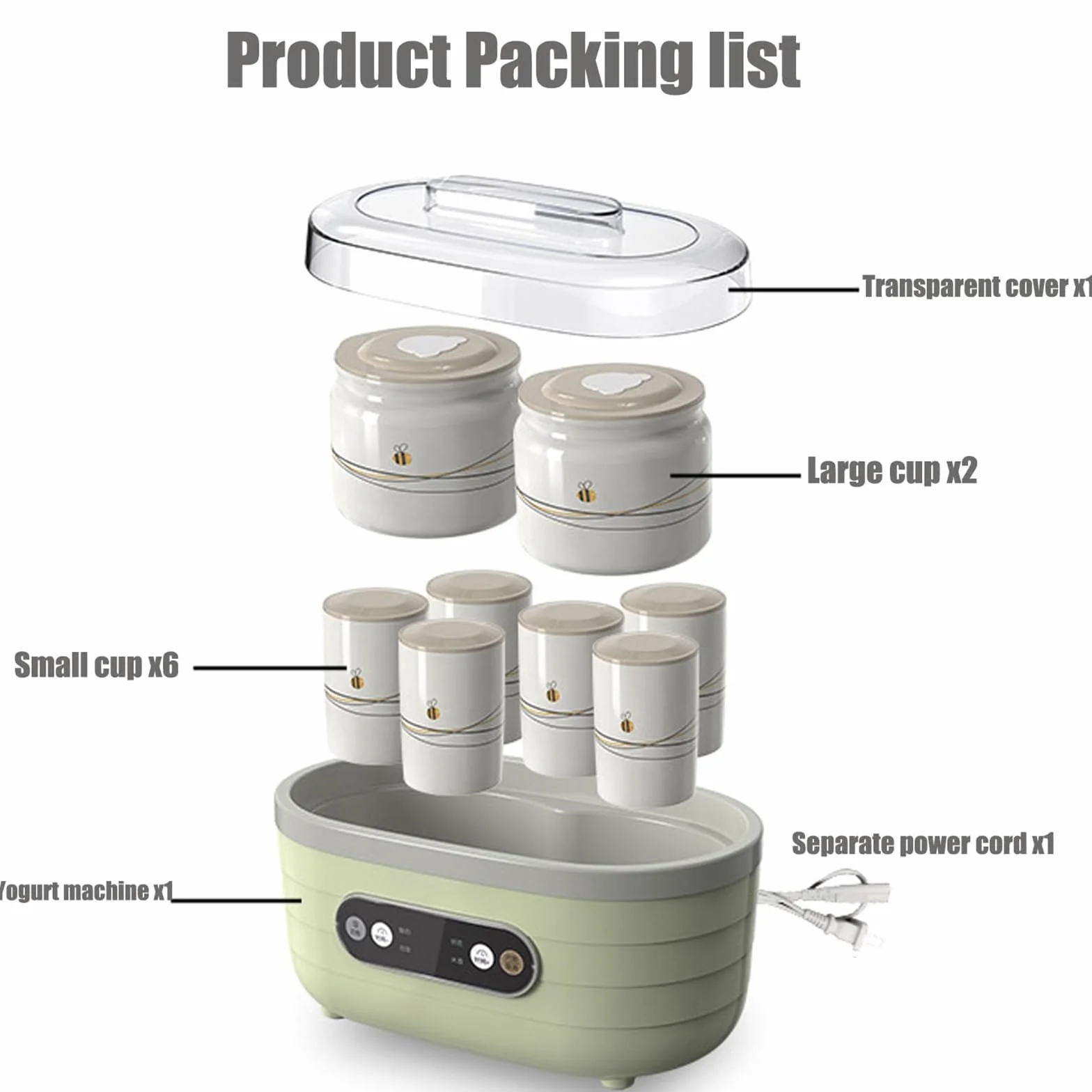 Automatic Yogurt Maker z Wyświetlaczem LED & Timerem, 1.75L Fermentator z 2 Dużymi & 6 Małymi Kubkami, Regulowany Czas & Stała Temperatura do Jogurtu & Jogurtu Greckiego