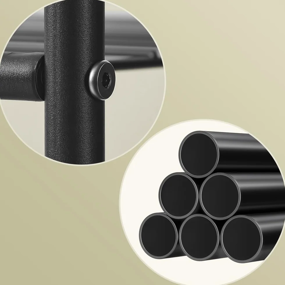 SONGMICS Wieszak na ubrania, otwarta szafa, wieszak na ubrania z 10 półkami, 3 drążkami na ubrania, 4 haczykami w kształcie litery S, metalowa rama, do sypialni, salonu, czarny LGR011BZ01
