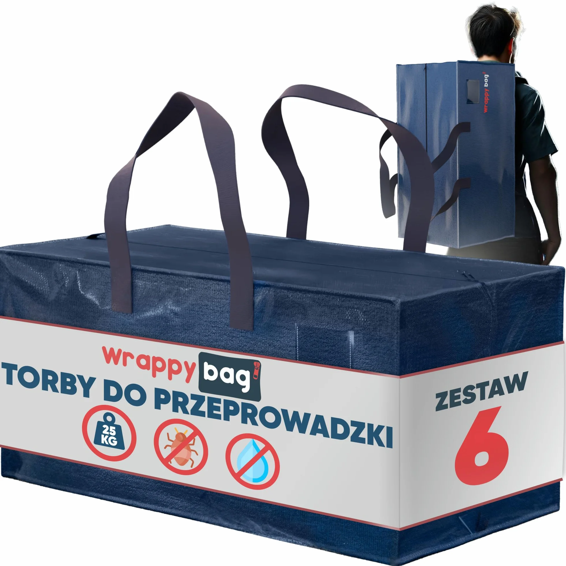 WRAPPYBAG Zestaw 6 Dużych Toreb do Przechowywania w Formie Plecaka – Torby Jumbo XXL – Przeprowadzka Podróż – Solidne, Grube Wodoodporne Wzmocnionymi Uchwytami – Na Odzież, Pościel – 76 x 36 x 38 cm